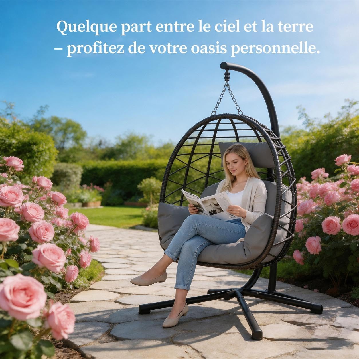 GarveeTech Fauteuil Oeuf Suspendu avec Support, Structure Acier Robuste, Rotin Synthétique PE résistant aux intempéries, Coussin Épais, Charge 150kg, pour Intérieur Extérieur Jardin Terrasse