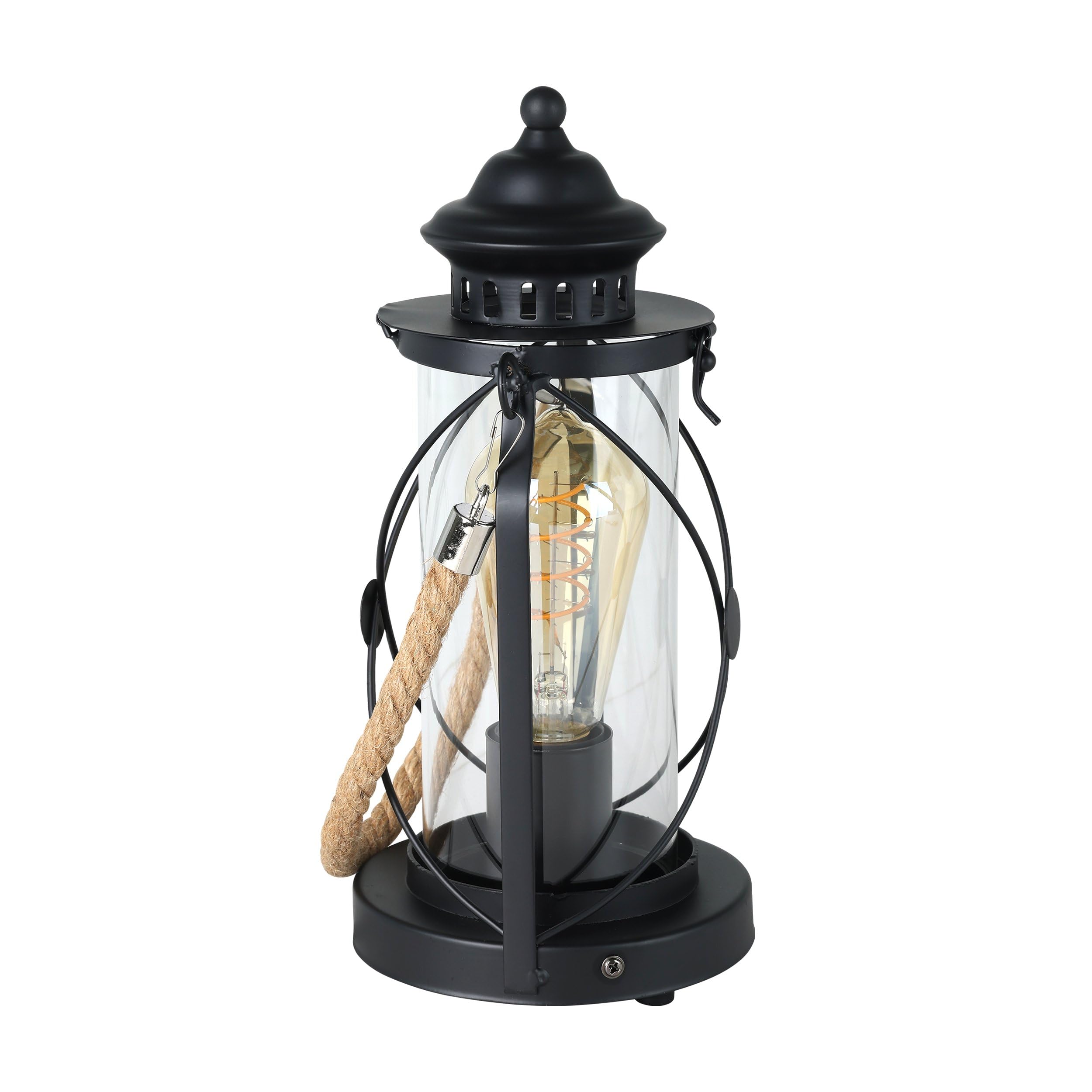 Eglo lampada da tavolo Bradford, lampada da tavolo vintage a uno punto | luce, lanterna, lampada da comodino in acciaio, nero, trasparente, presa E27, interruttore incl