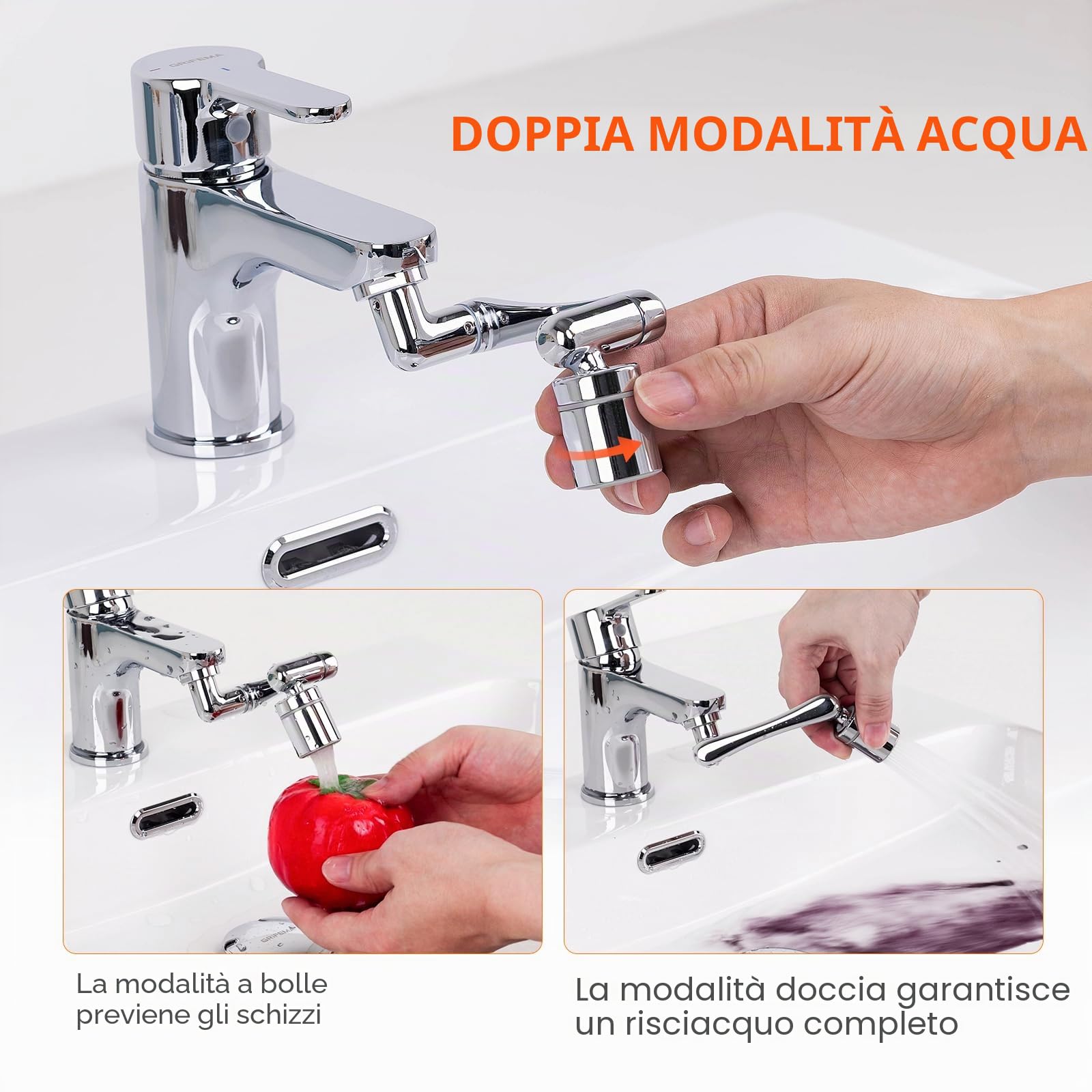Ibergrif Prolunga Rubinetto Cucina Bagno Rotante 1440 Gradi, Aeratore Regolabile, 2 Modalità di Acqua, Accessorio Facile Installazione, Filtro Antispruzzo, Argento, M91006