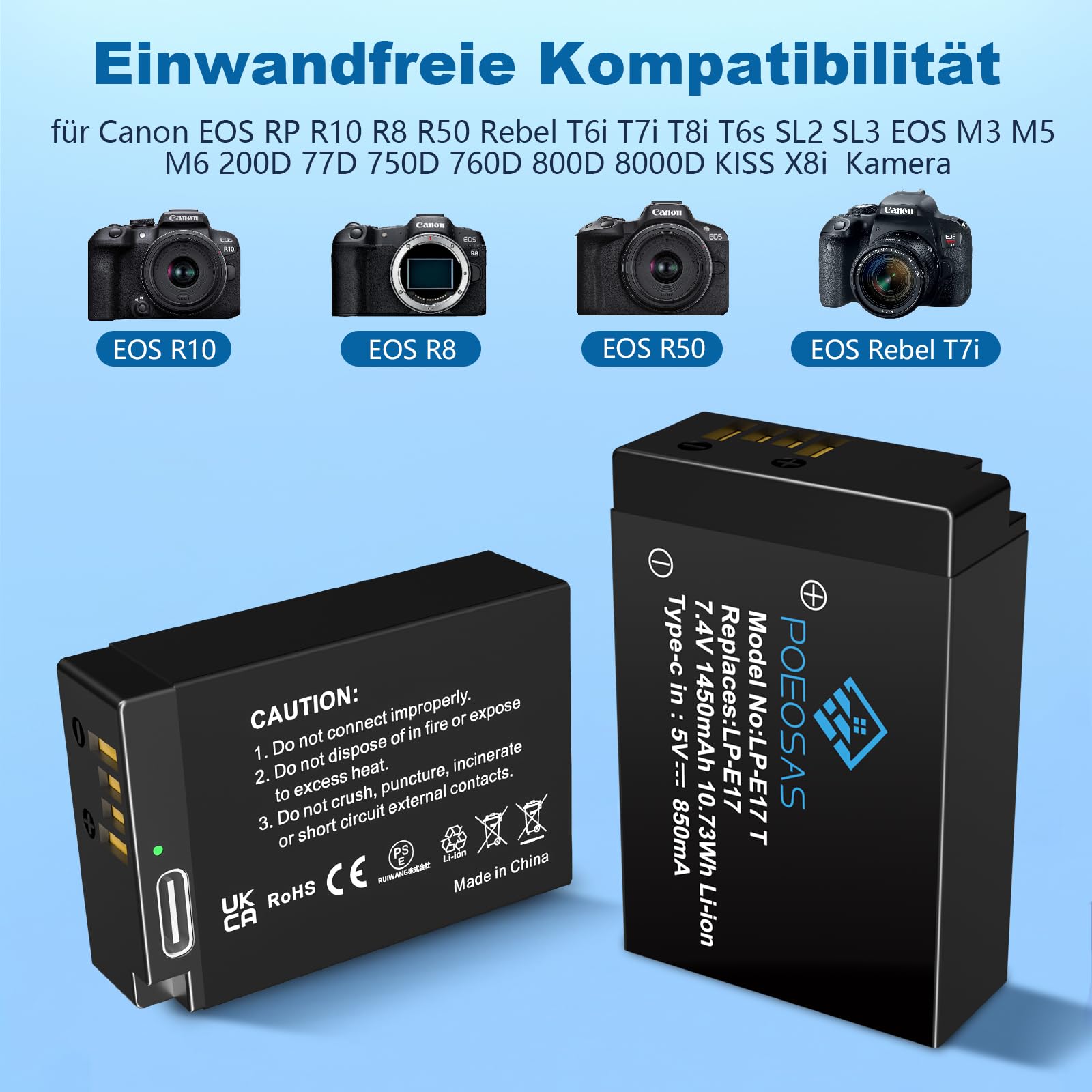 2 Pack 1450mAh LP-E17 Ersatz Akku mit USB Typ C Ladeanschluss für Canon EOS M3, M5, M6, Rebel SL2, T6i, T6s, T7i, EOS 200D 250D 750D, 760D, 800D, 8000D, KISS X8i, RP Cameras