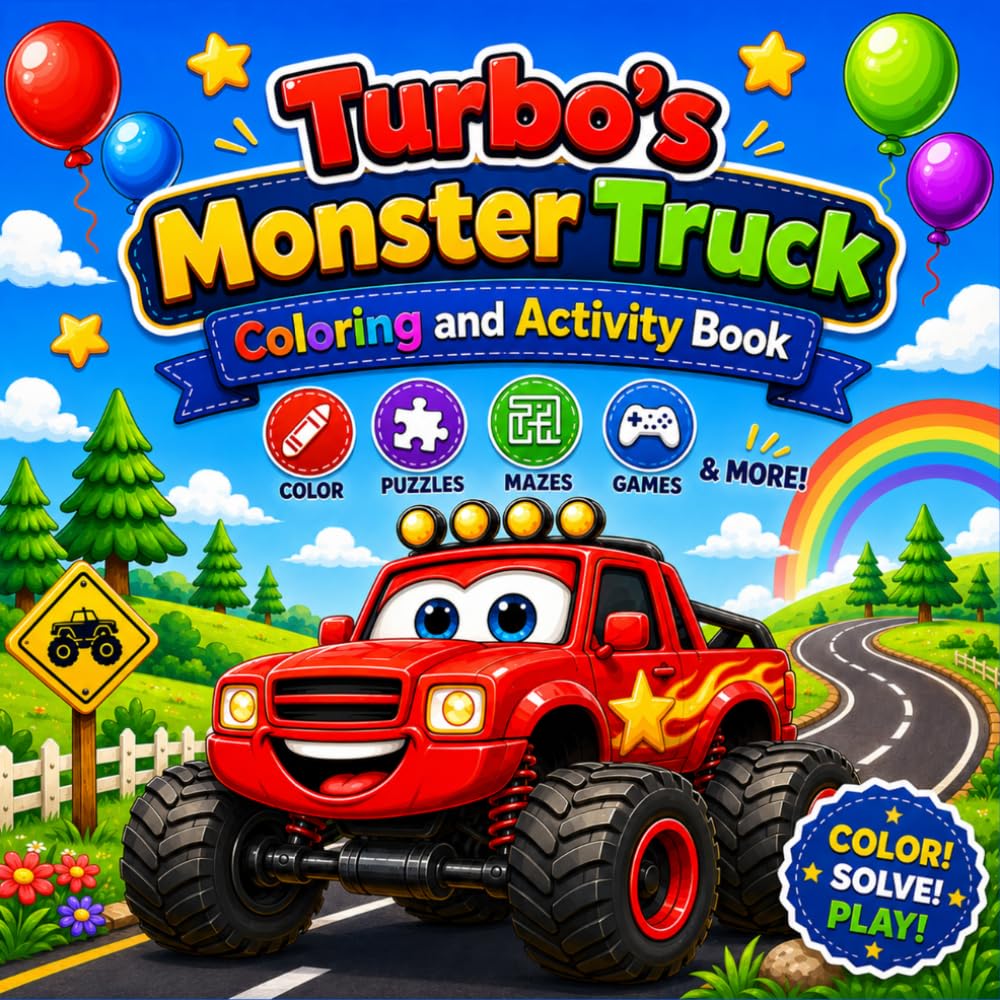 Turbo’s Monster Truck Coloring and Activity Book: Fun Coloring Pages, Mazes, I Spy, Spot the Difference, and Shape Shadow Matching Games for kids.