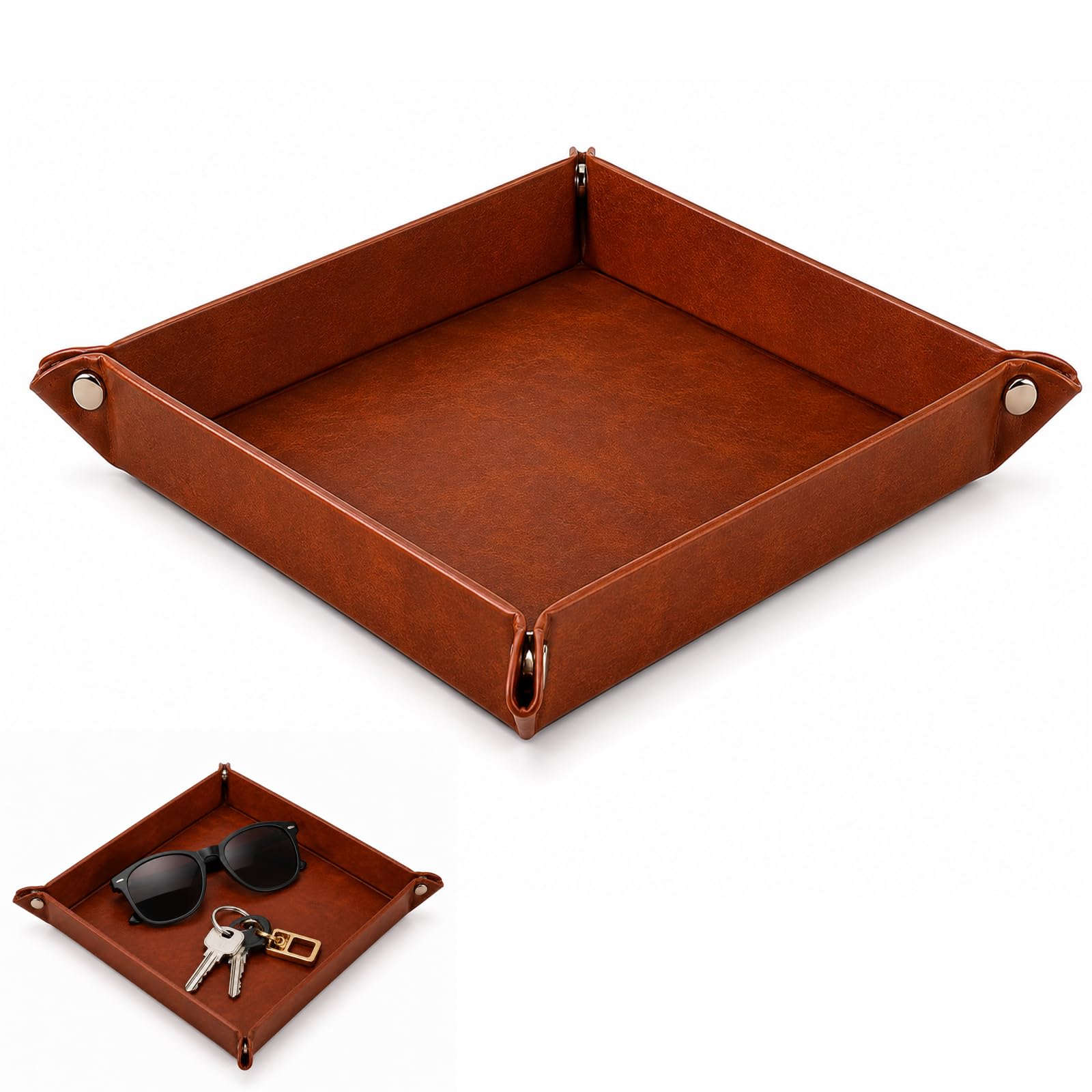QhgPnt Valet Tray, Leather Valet Tray for Bedside Storage, Brown Leather Tray for Keys and Essentials, Nightstand & Vanity Caddy(Brown)