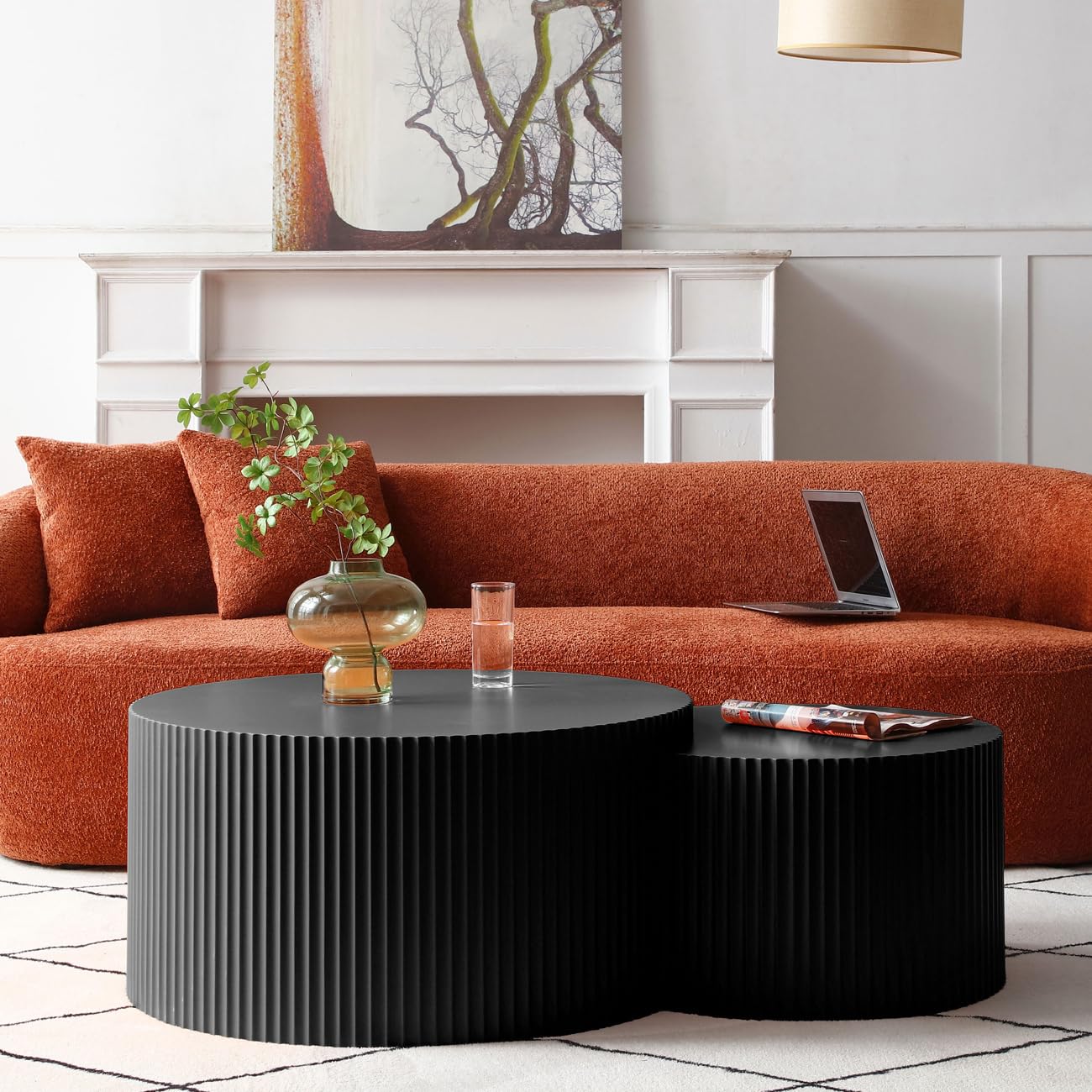 Nesting Coffee Table Set of 2 Round Wooden Coffee Table Wrapped in A Gear Shape Side Tables Accent End Table for Living Room Or Apartment (Crescent-Black)