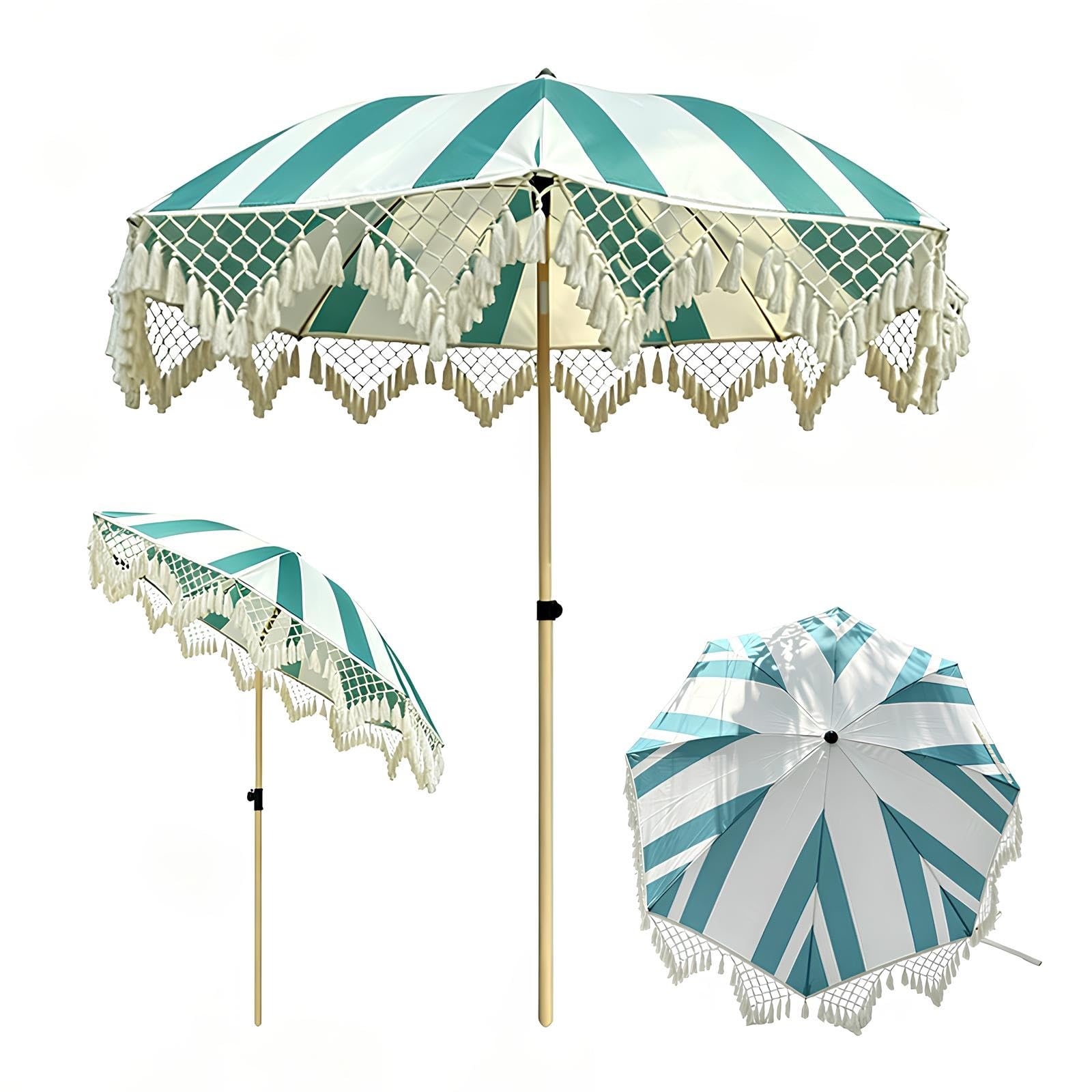 XUQQU 200CM/6.6FT Boho Patio Umbrella with Fringe, UPF 50+ Outdoor Parasol, 8 Iron Ribs Push Button Tilt, Tassel Canopy Waterproof Fade Resistant, Striped Sun Shade for Beach Garden Wedding(A-Green)