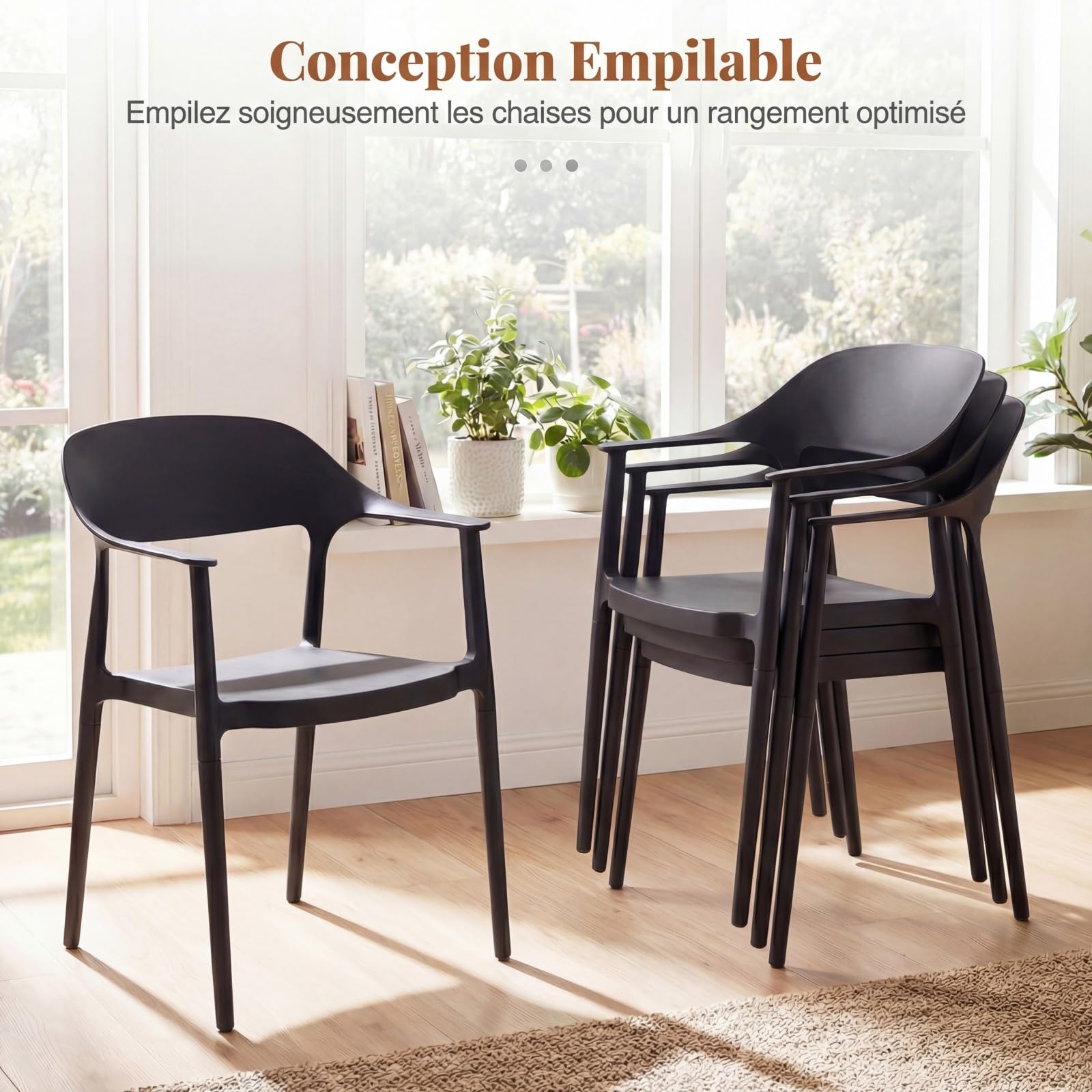 COSTWAY Chaises Empilable Plastique Lot de 4, Chaise de Jardin en PP avec Dossier Incurvé, Accoudoirs Confortables, Siège Large, Montage Facile, Charge 150 kg, pour Cour, Extérieur, Cuisine(Noir,4)