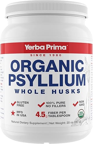 Yerba Prima Limpiador de colon de cáscaras enteras de psyllium orgánico, 20 onzas, suplemento dietético natural de fibra dietética de 20 onzas,