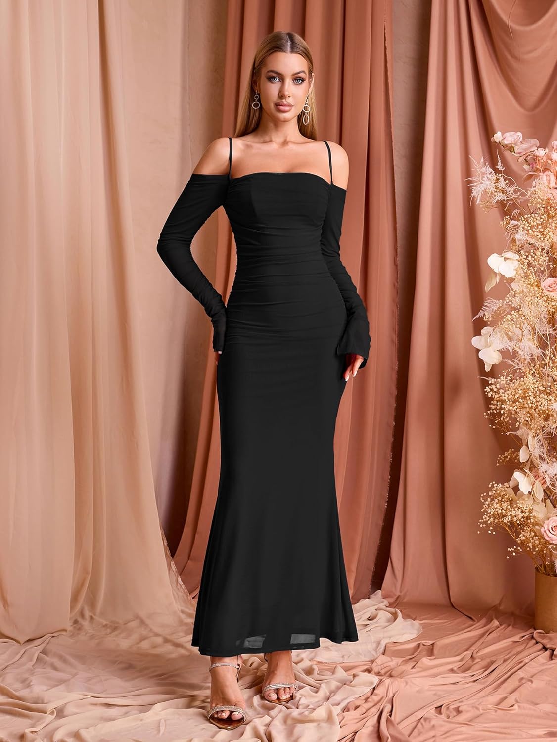 EYNMIN Women's Fall Wedding Guest Dresses Long Sleeve Spaghetti Strap Mesh Ruched Bodycon Maxi Formal Dress - Image 2