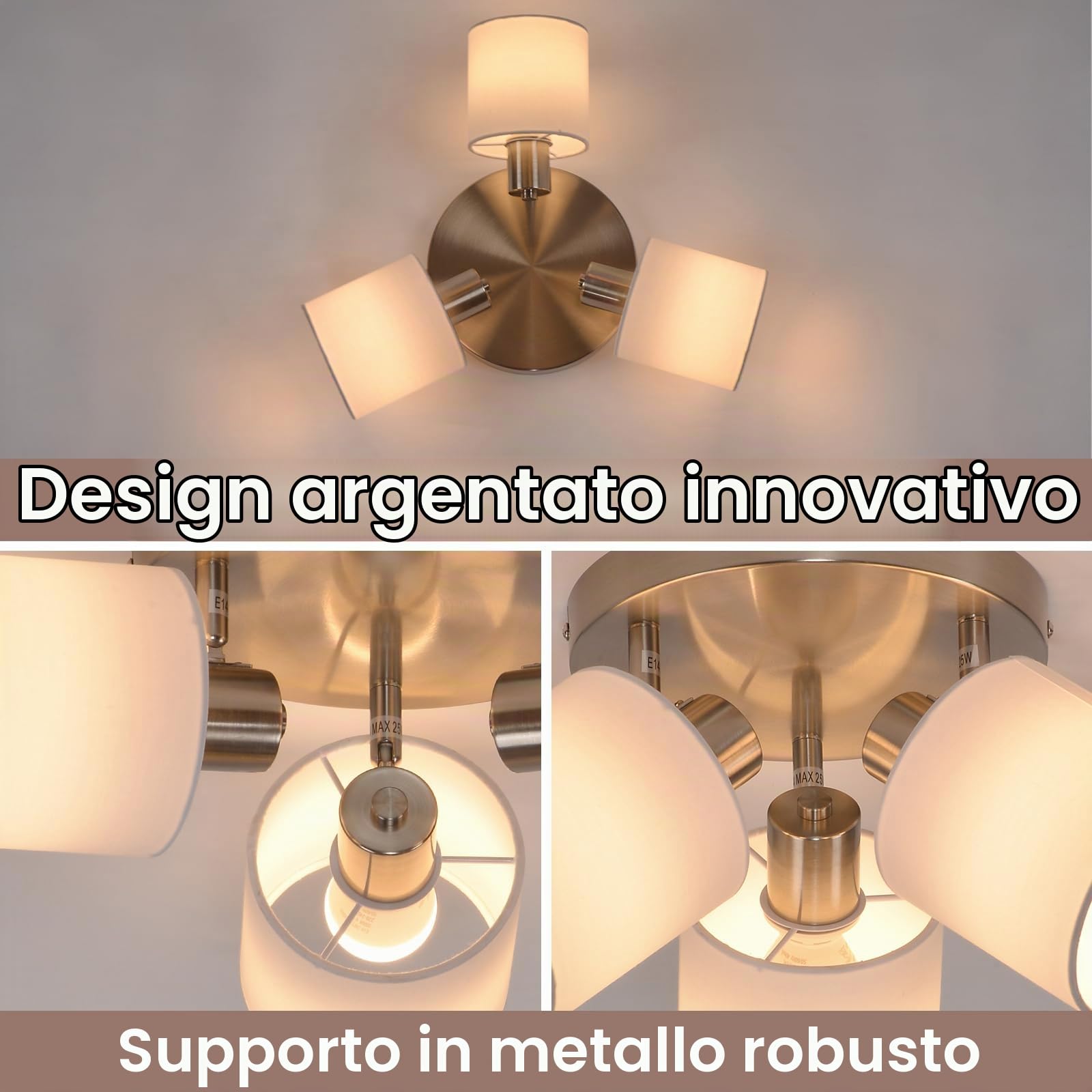 Glitzerlife Faretti da Soffitto 3 Luce Plafoniera Lampada da Soffitto | Argento Orientabili Faretto da Parete Moderna E14 Luci da Soffitto per Soggiorno Cucina camera da letto Lampadina Non Incluse