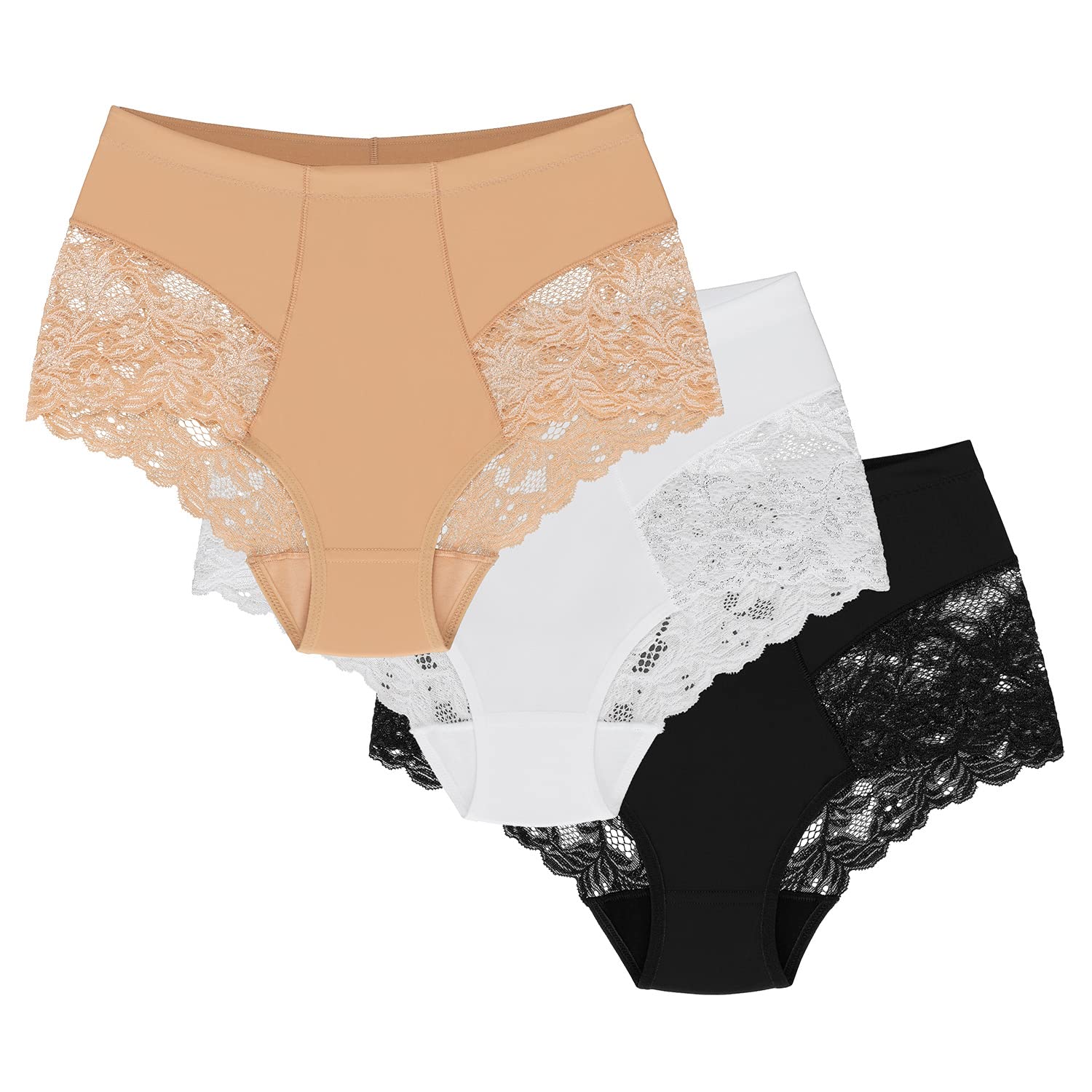Wolbar Women's Sexy Shapewear Briefs Lace Panties High Waist WB184 3-Pack, (3-Pack) Beige-White-Black,S