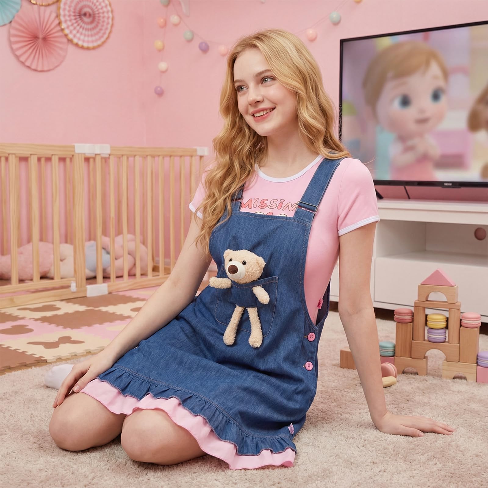 CutiePlusU Robe salopette d'été décontractée pour femme | Ours en peluche à bretelles réglables 100 % coton
