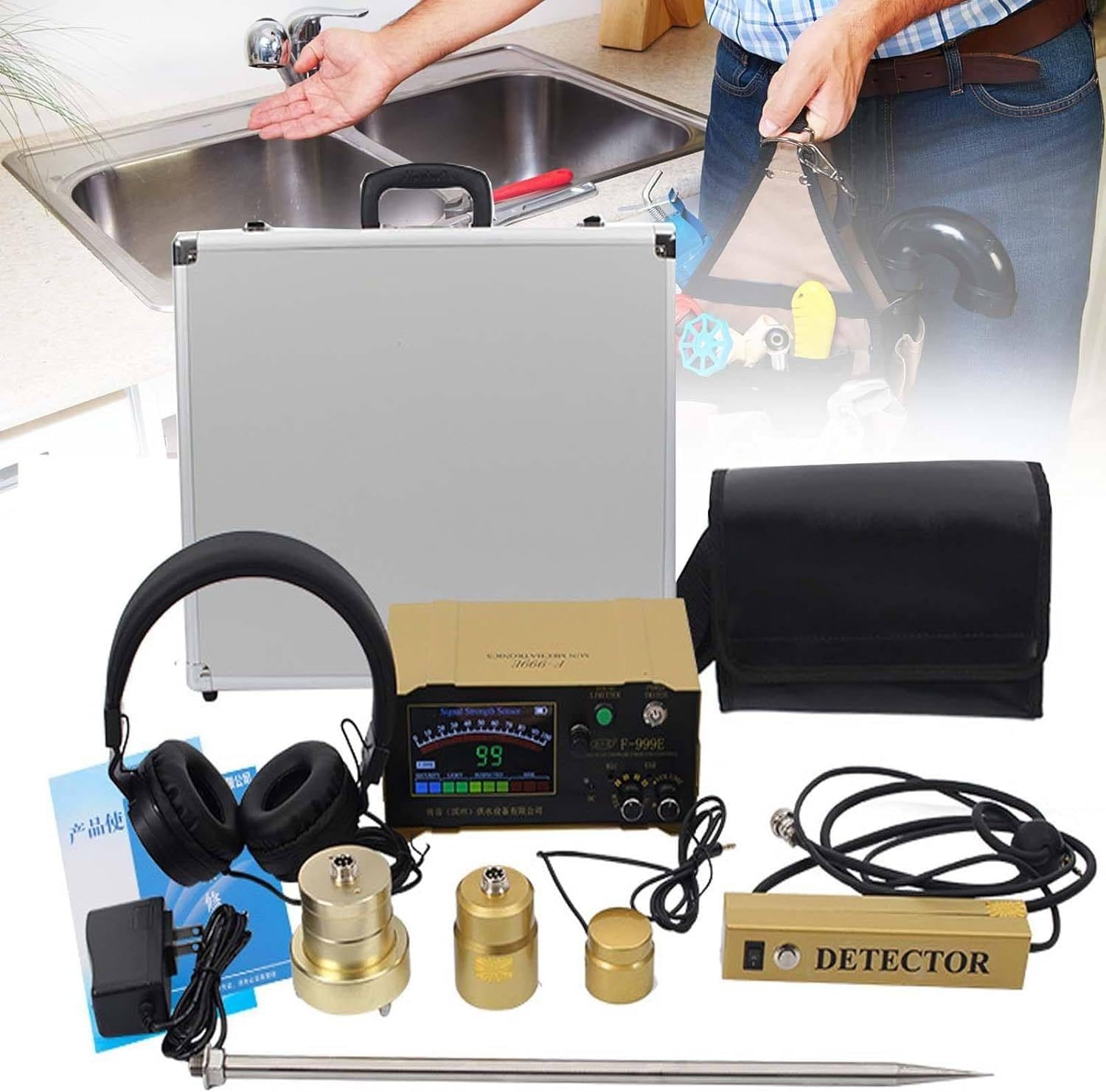 Détecteur de Fuite d'eau,détecteur de Conduite d'eau avec écran LCD,détecteur de Fuite d'eau à détection précise,avec écouteurs pour Chauffage par Le Sol,conduites d'eau,Protection Incendie