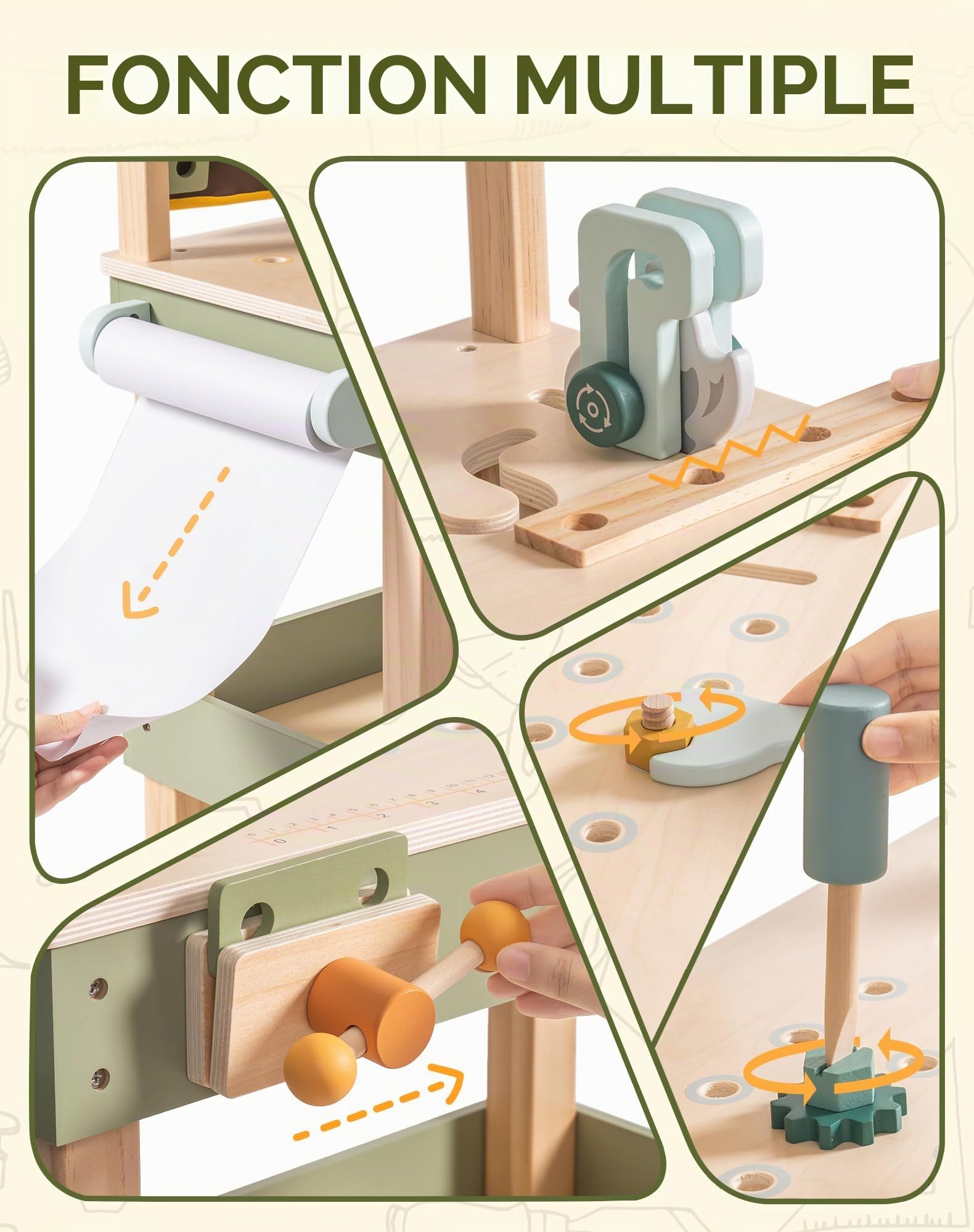 ROBUD Établi en bois pour enfants, banc à outils avec ceinture, lunettes de protection, papier à dessin pour jeux de rôle, jouet pour garçons et filles à partir de 3 ans