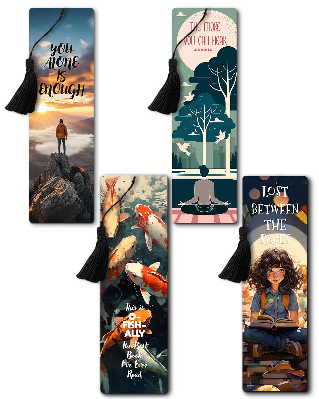 3D Lenticular Bookmark Set of 4| 2 x 6.6 in with Tassel | Motivational Quote Book Reading Inspiration |Alone + Budhha Quote + Koifish + Lost| Bookmarks for Book Unique Gifts for Book Lovers