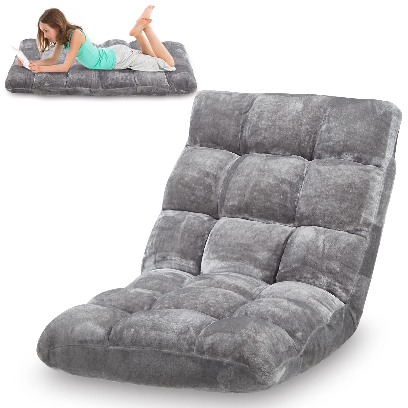 Avocahom Folding Floor Gaming Chair 14-Poistion Cushioned Adjustable Floor Lazy Sofa Chair w/Breathable Cotton & Skin-Friendly Flannel for Adults & Kids Ideal for Reading Gaming Meditating, Gray