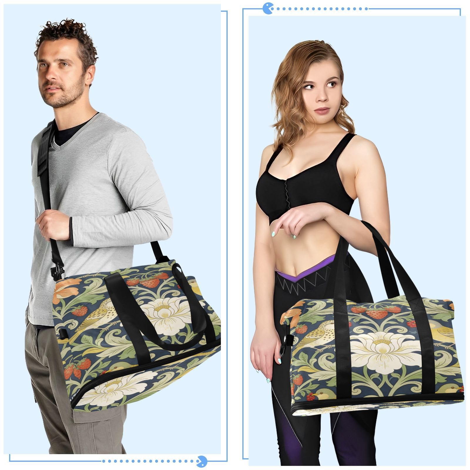 William Morris Red Strawberry Bird Carry On Torba na ramię z mokrą kieszenią Regulowany pasek Siłownia Sport Carry na wycieczkę Wodoodporna dla mężczyzn kobiet