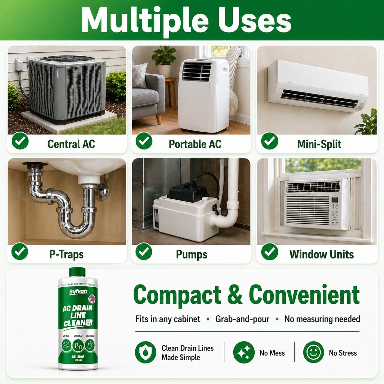 Sylvan AC Drain Line Cleaner | 8 oz | Instant Relief | Made in USA | Universal Compatibility | Removes Clogs and Buildup from HVAC Condensate Lines | Air Conditioner Unclogger