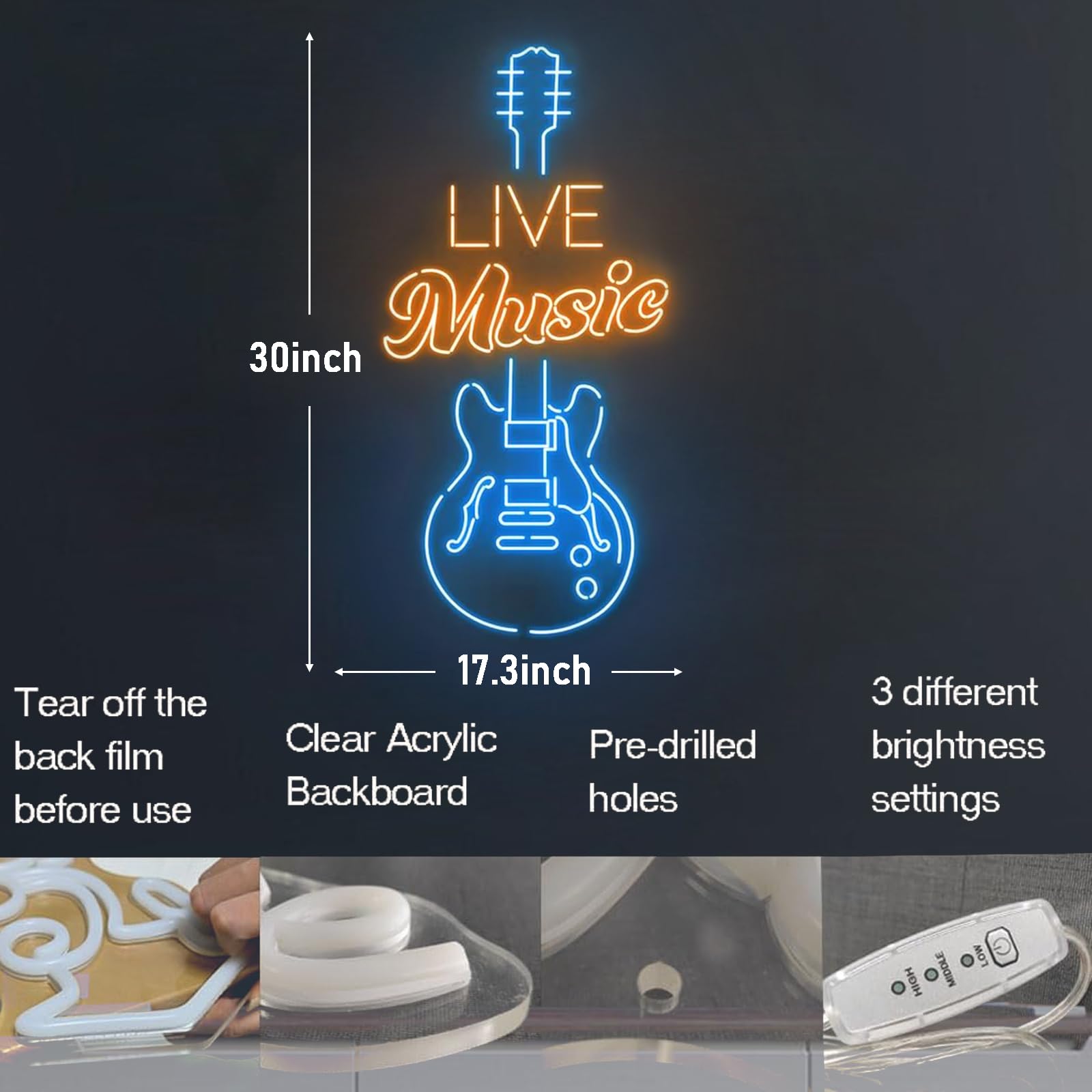 【LIVE MUSIC】LEDネオンサイン ギター インテリア照明 ルームライト Live Music Guitar Neon Sign 30 inches Large LED Live Music Neon
