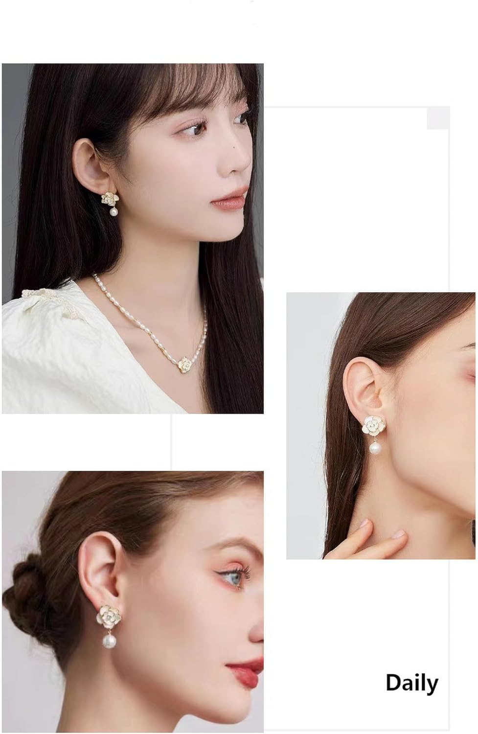 925 Sterling Silver Gold Dangle Earrings for Women, Floral Pearl Drop Bridal Gift - Image 3