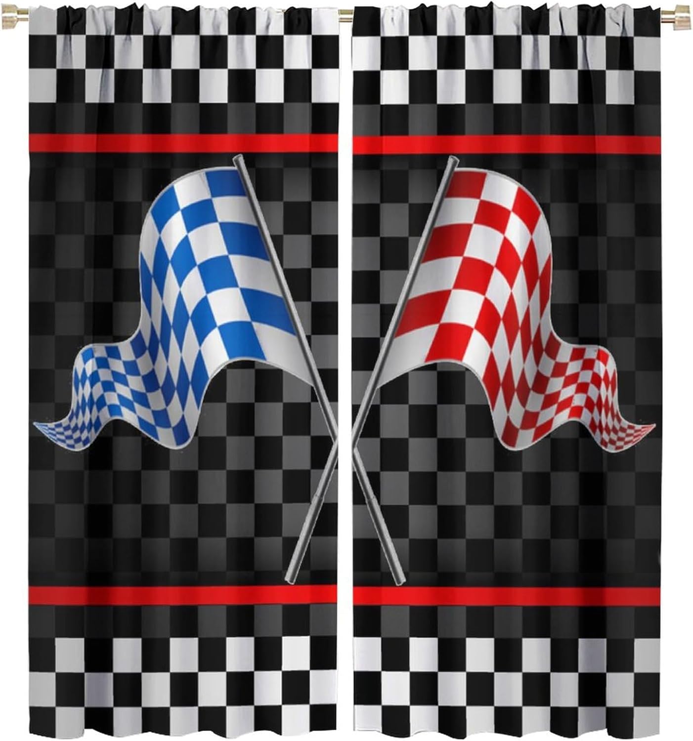 Race Car Flag Kids Curtains Abstract Modern Art Racing Car Blue Red Checked Flag Rod Pocket Blackout Window Drapes for Bedroom Living Room Kitchen Decor W27.5xL63in 2 Panels