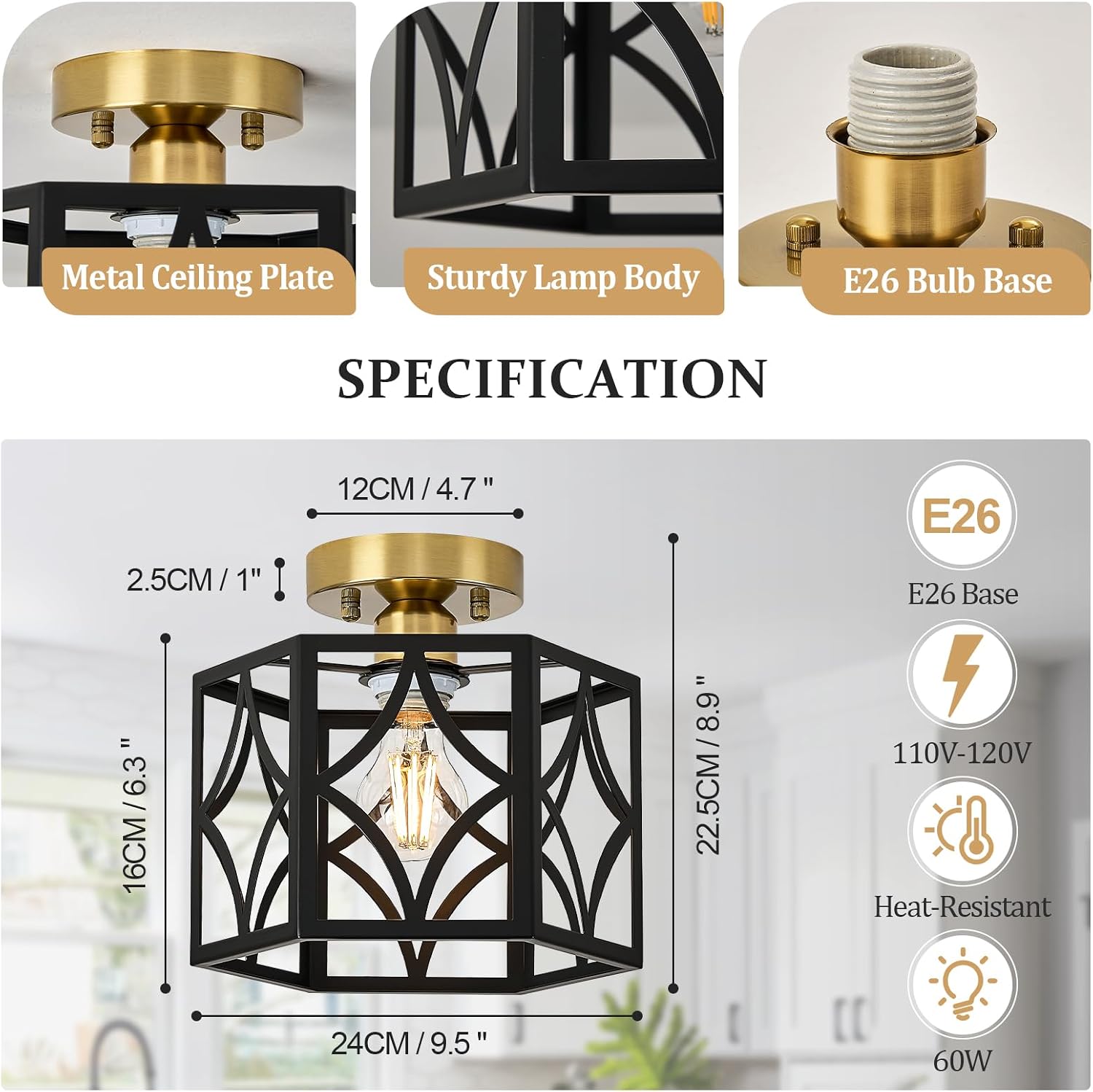 Black and Gold Farmhouse Semi Flush Mount Ceiling Light Fixture 9.5 Inch