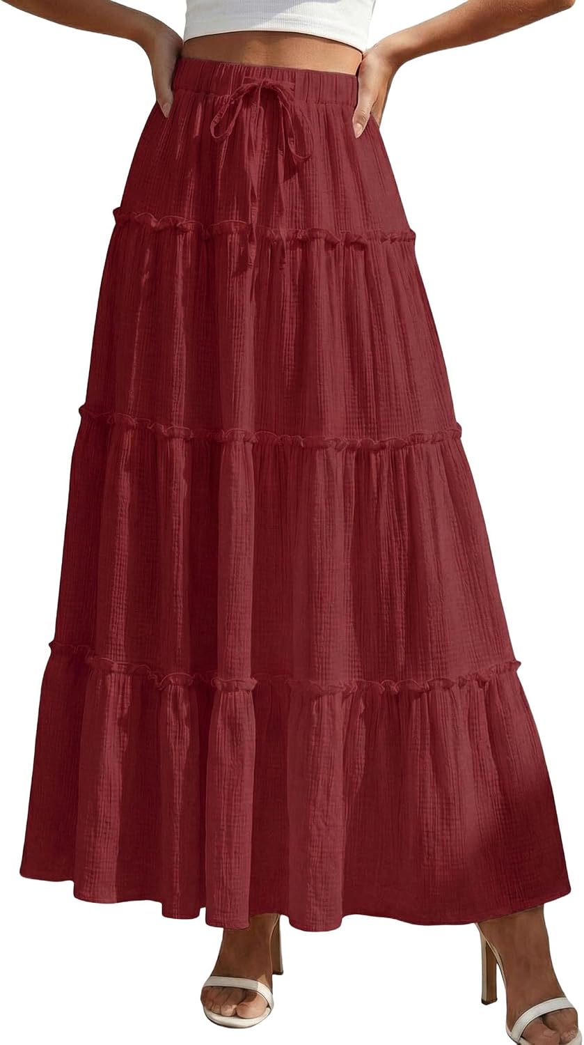 DERAX Womens Boho Maxi Skirt Flowy Ruffle Tiered Elastic High Waisted A Line 2026 Spring Summer Beach Vacation Long Skirts