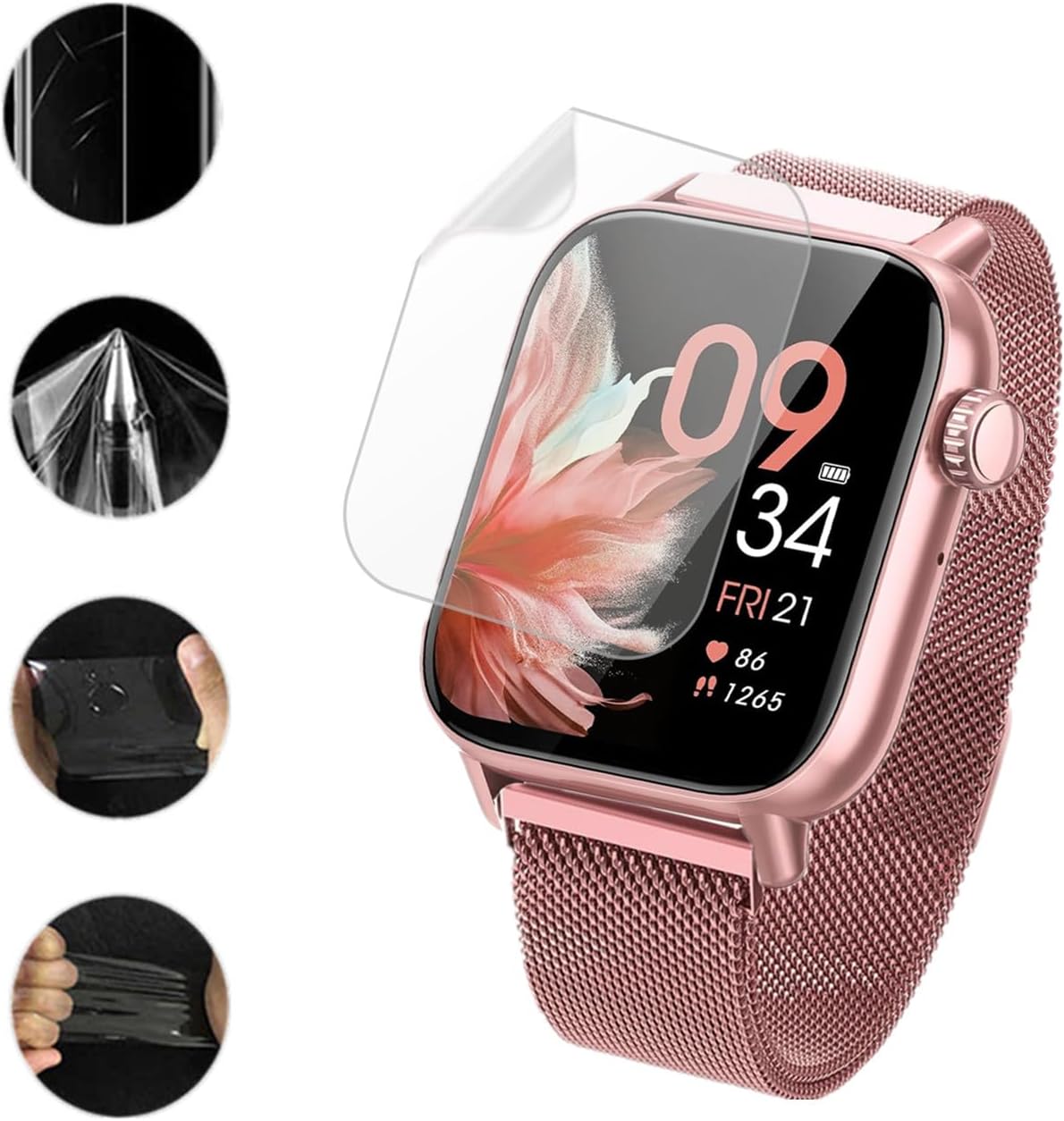 Avvicinamento views of the flexible TPU screen protector material and its application on a smartwatch