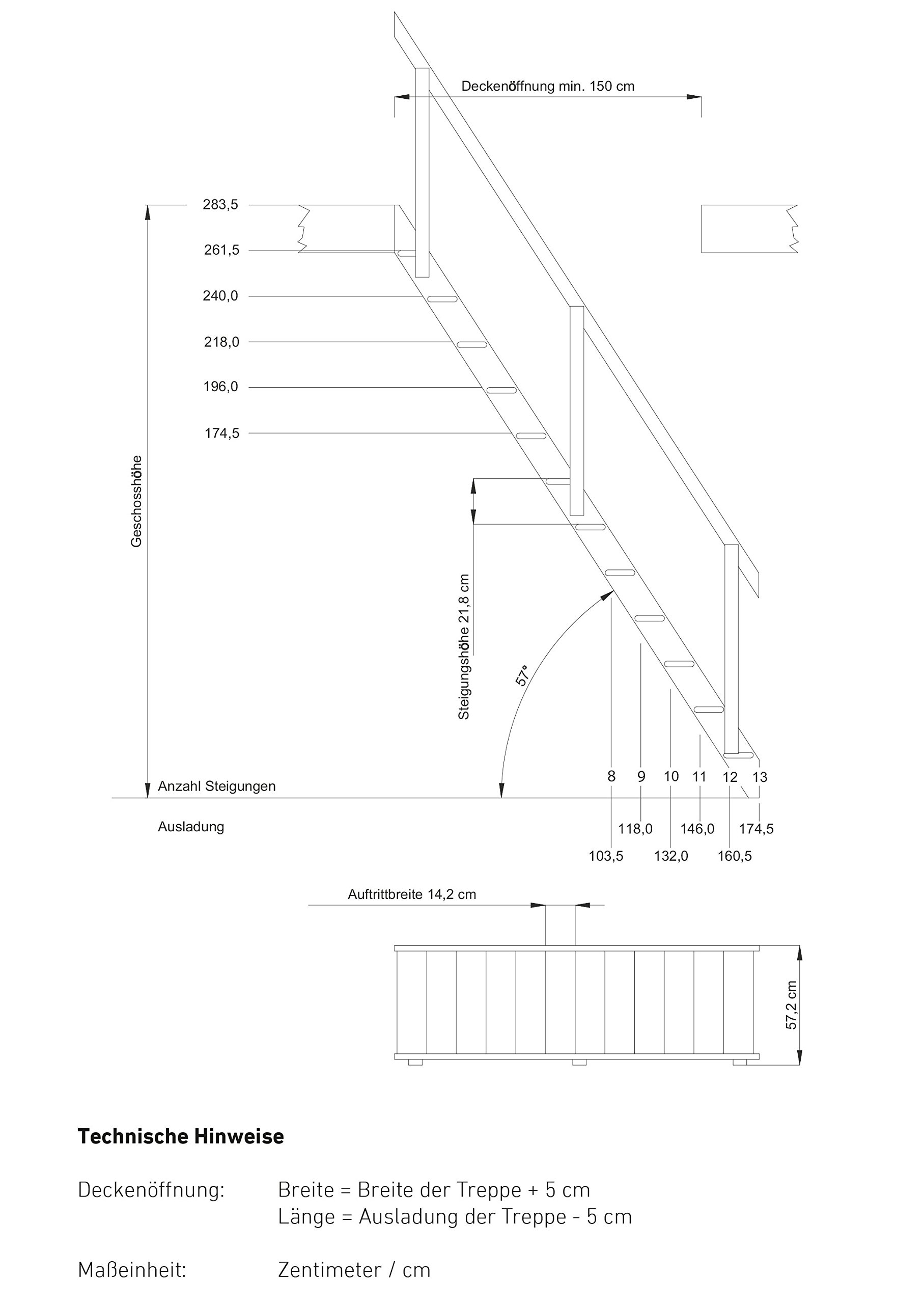 DOLLE Raumspartreppe massive Fichte Höhe 283,5 cm inkl. Geländer zweigeteilter Wange