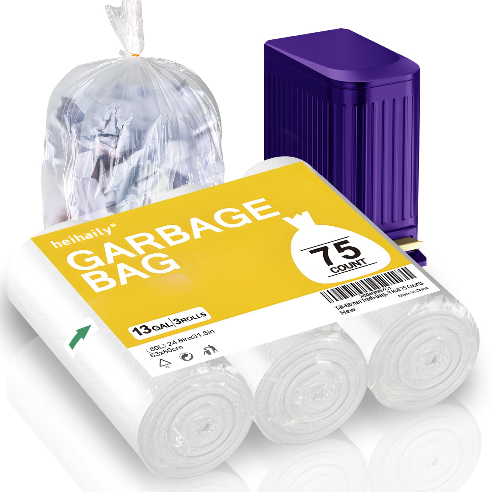 Tall-Kitchen Trash-Bags 13-Gallon Garbage Bag - Unscented Strong Large Outdoor Clear White Plastic Recycling Compactor Can Liners for Lawn Yard Office