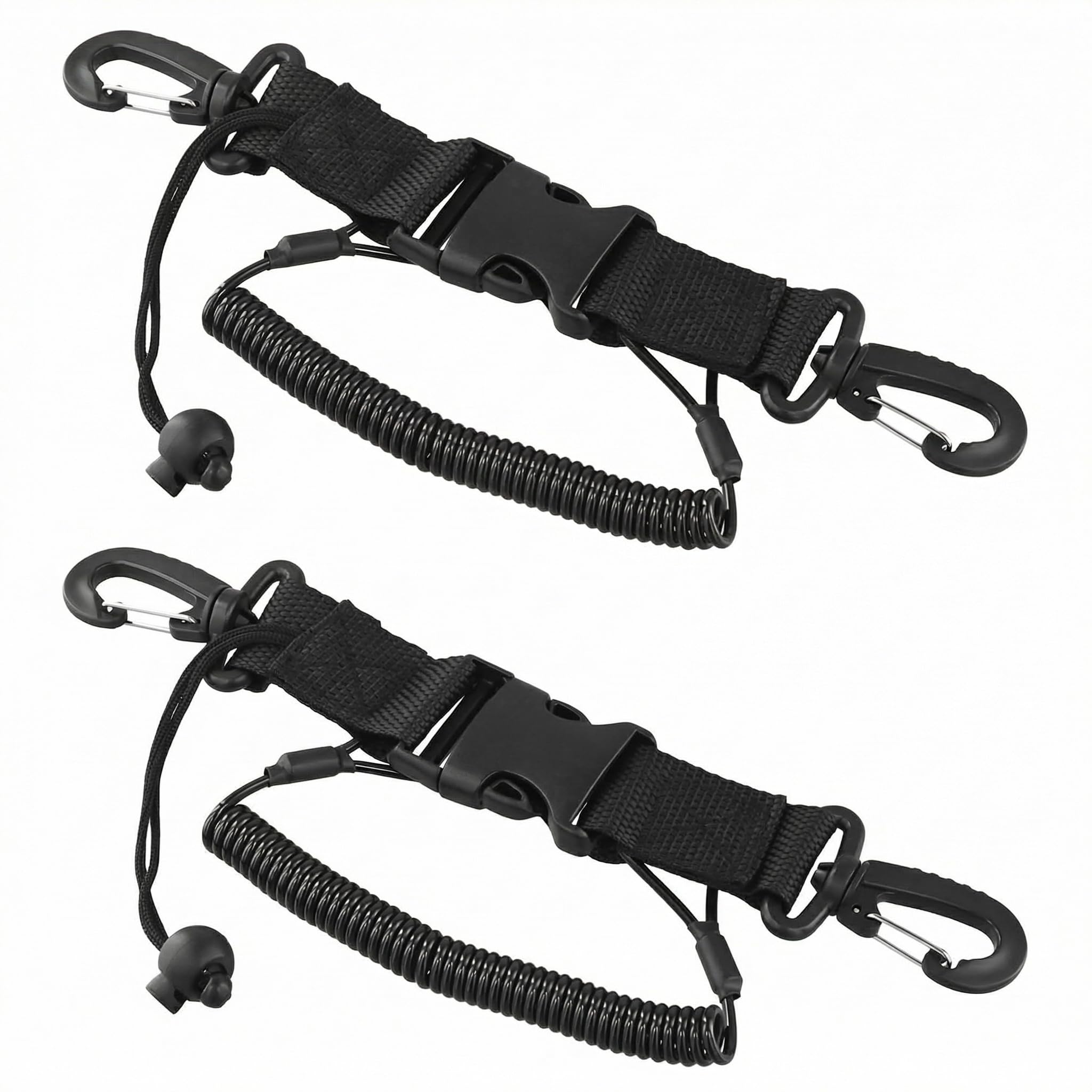 QWORK® Set 2pz Cordino da Immersione con Clip di Sgancio Rapido - Cordino Spirale per Attrezzatura Subacquea, Fotocamere, Torce e Strumenti, Nero