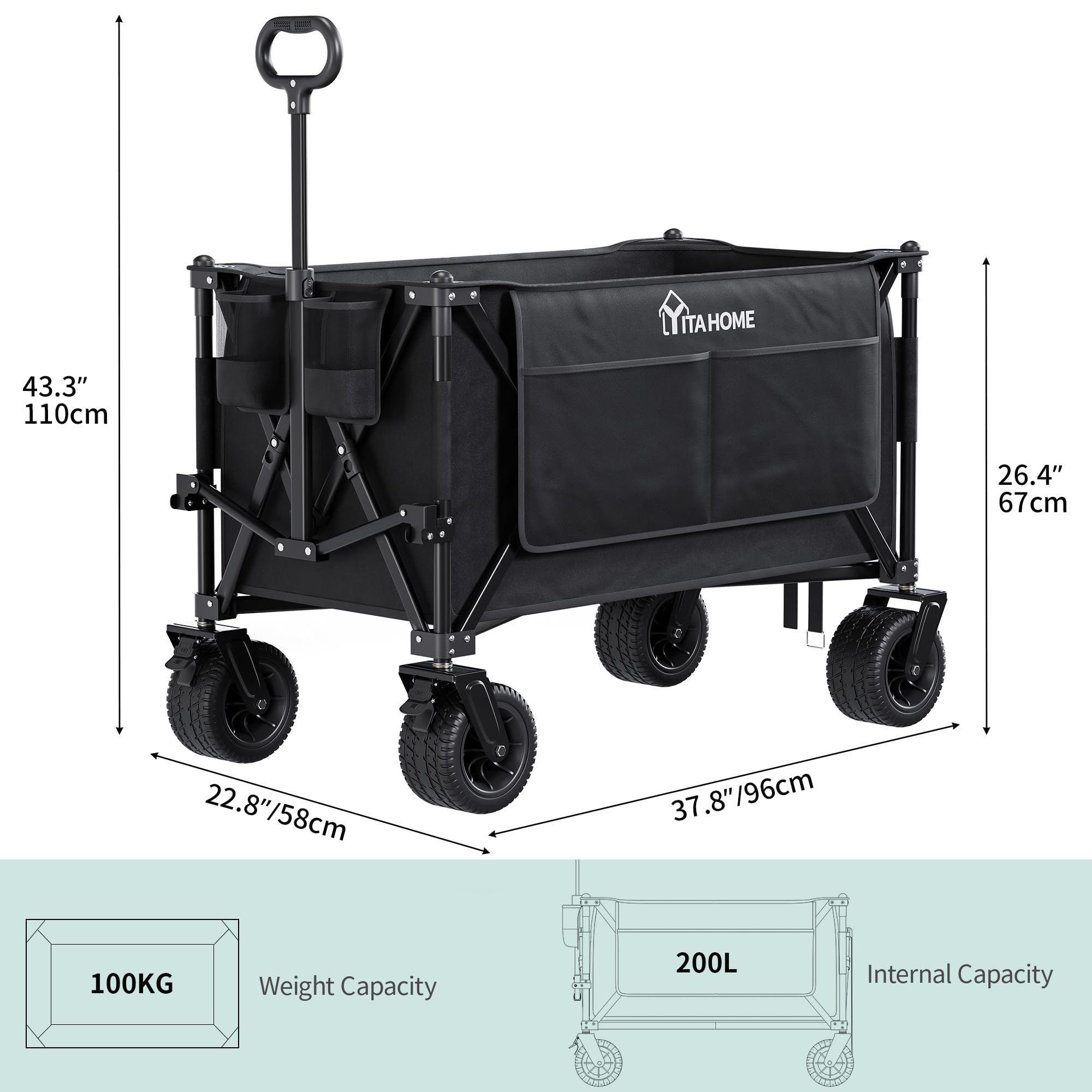Chariot Pliable De Jardin YITAHOME – Capacité 100 Kg, 200 L – Roues Larges, Ceinture De Sécurité, Poche Latérale – Tissu Oxford 600D