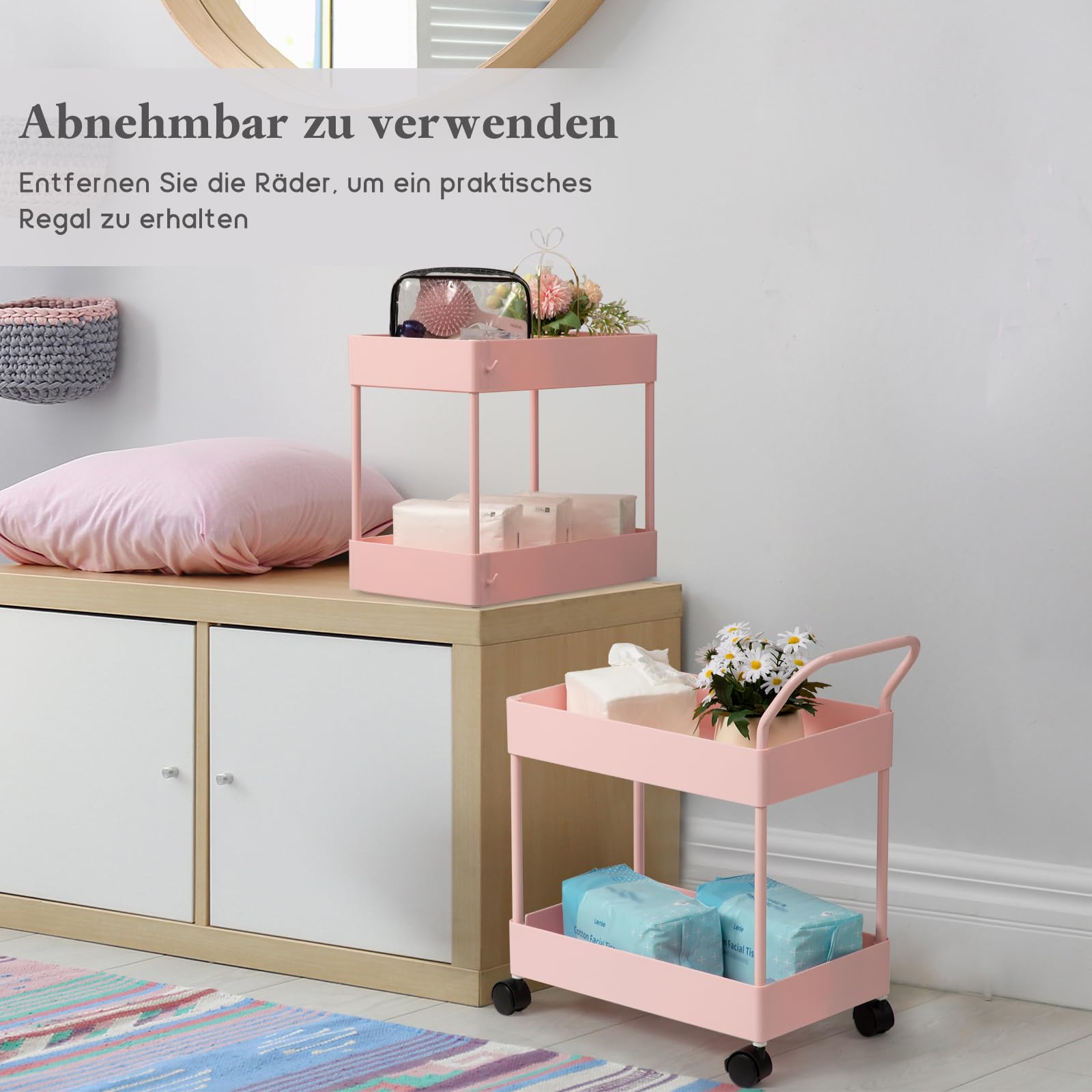 danpinera Chariot de rangement fin, chariot de salle de bain à 4 niveaux – Chariot à linge étroit avec roulettes, diviseurs, tasses suspendues, crochets, poignée, chariot de maquillage – Étagère de