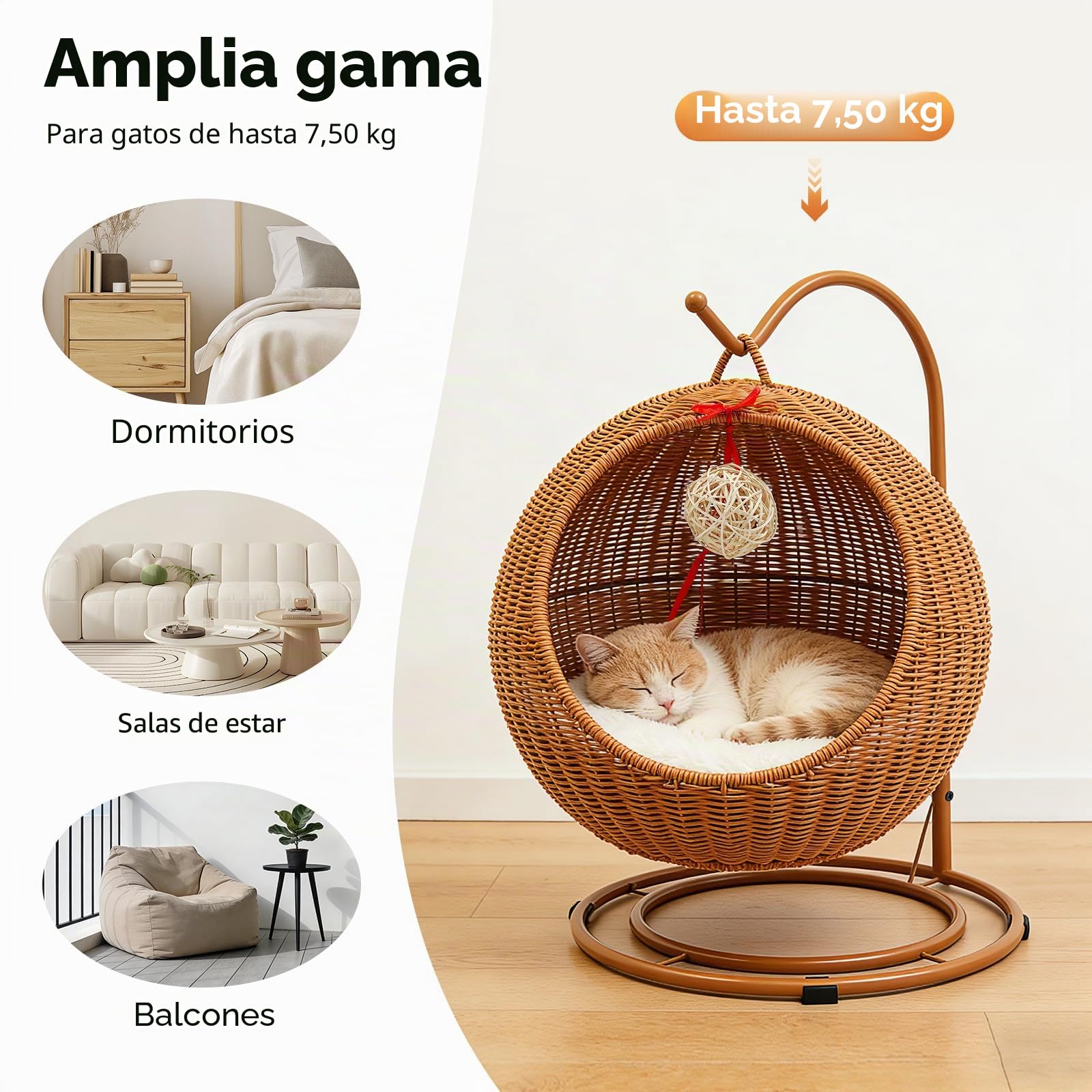 Columpio para gatos, de ratán, para menores de 7,5 kg, incluye cojín suave, flojín frío y tabla para rascar gatos, columpio colgante para gatos, silla Papasan para gatos