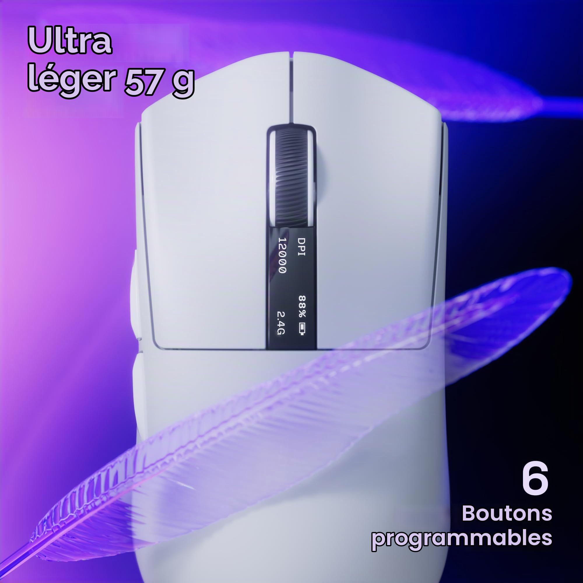 Souris gamer sans fil avec dock de charge - Capteur PixArt 12 000 DPI, 3 modes connexion (2.4G/Bluetooth/Filaire), Écran intégré, Polling rate 1 000 Hz, pour PC/Mac/PS5/PS4 - Vanguard (White)