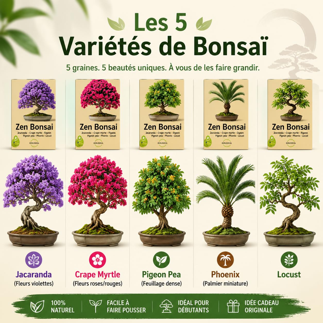 Bonsai kompletny zestaw startowy do dekoracji drewna, 5 naturalnych roślin, japońskie nasiona, narzędzia i nożyczki, prezent dla kobiet i mężczyzn, oryginalne pudełko dla matki, ogrodnictwo dla