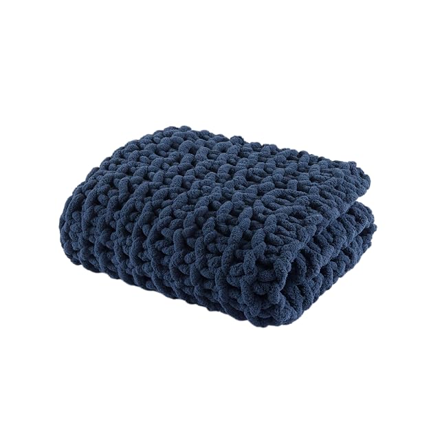Madison Park Madison Park Chenille Chunky Knit Throw Blanket, 50 x 60, Navy Blue | All Season, Cozy Warmth for Sofa or Bed, Lightweight, OEKO-TEX Certified, Navy Blue