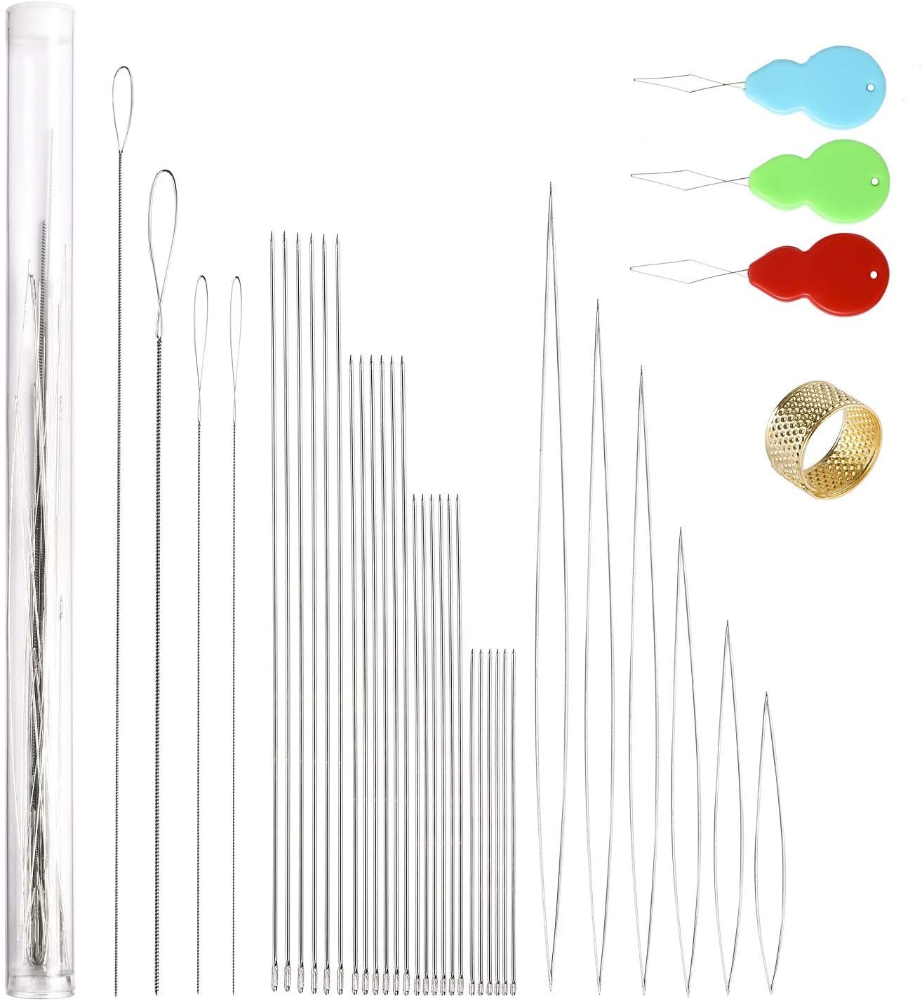 Peirich 38 Pcs Beading Needles with Bottle, Seed Beads Needles Stainless Steel Beading Needle Long Straight Beading Thread Needles Embroidery Big Eye Collapsible Beading Needles for Jewelry Making