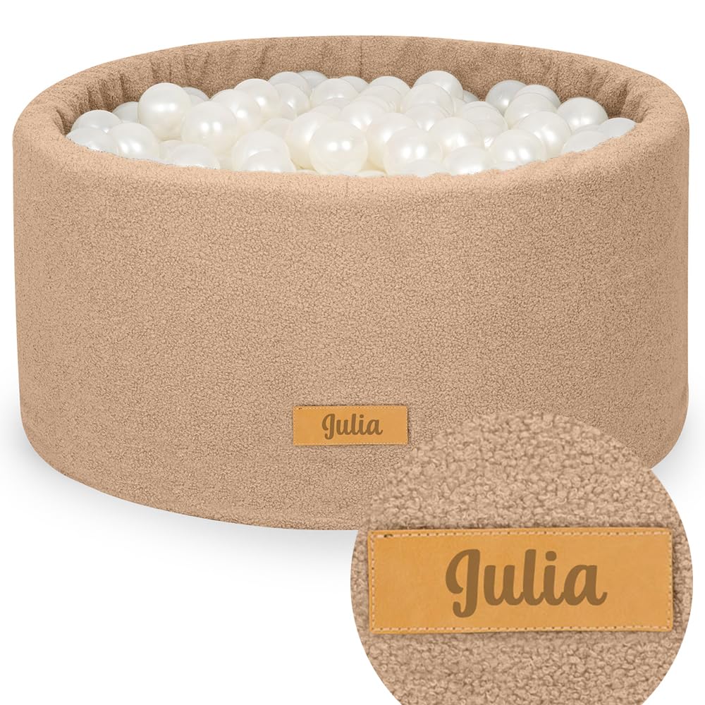 Flumi Personalisierte Bällebad Baby ab 1 Jahr - Bällepool Kinder 90x40cm mit 200 Bällebad Bälle ∅ 7cm in EU hergestellt - Oeko-TEX und CE-Zertifiziert - (Dunkelbeige Teddy)
