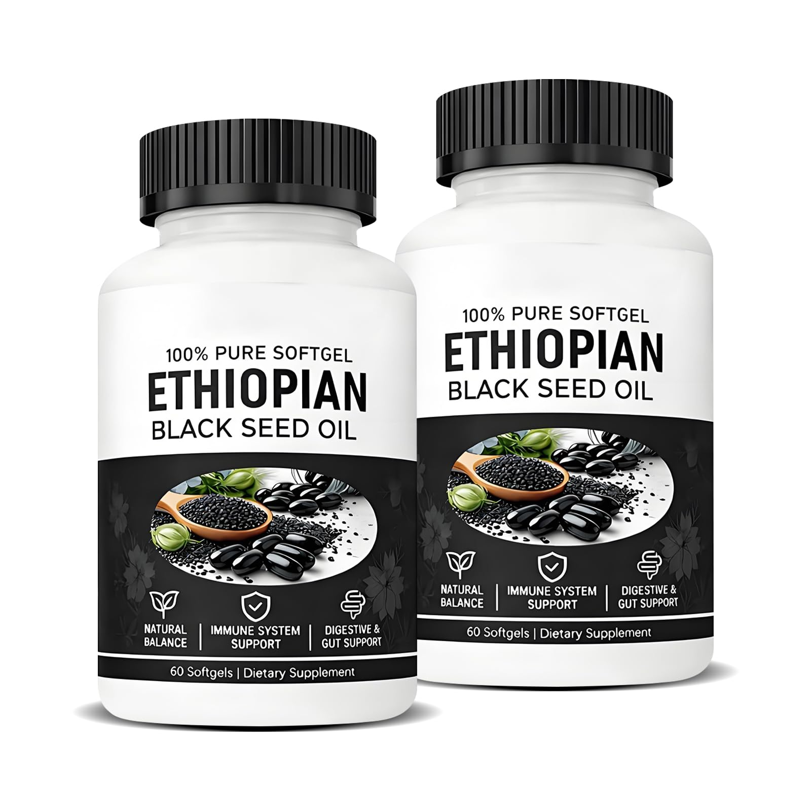 Photo 1 of TIMESS Purely Ethiopian Black Seed Oil Capsules, Purely Ethiopian Black Seed Oil, Organic Cold Pressed, Non-GMO, Gluten-Free, 60 Softgels (2 Bottle)