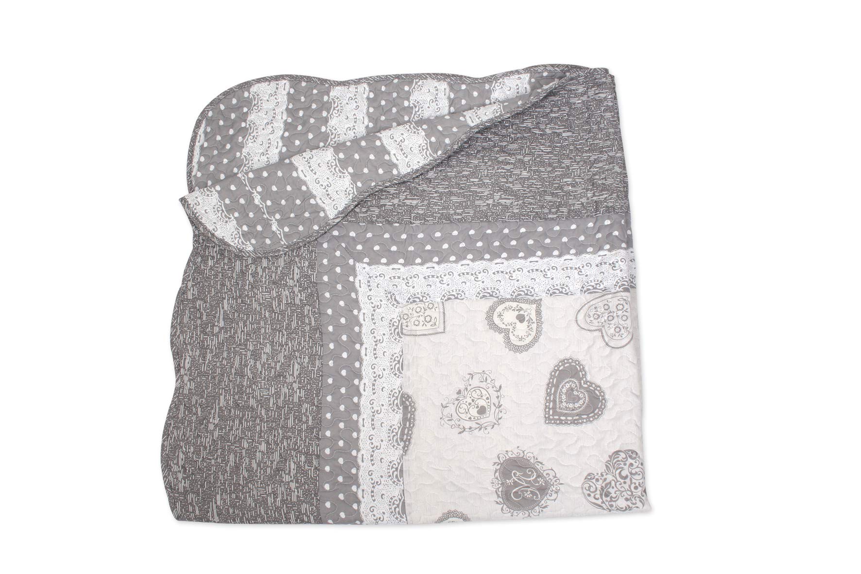 Frenchy Gris 230x250 cm avec 2 Taies d'oreiller 65x65 cm, Couvre-lit Matelassé 2 Personnes, Dessus de lit Coeur