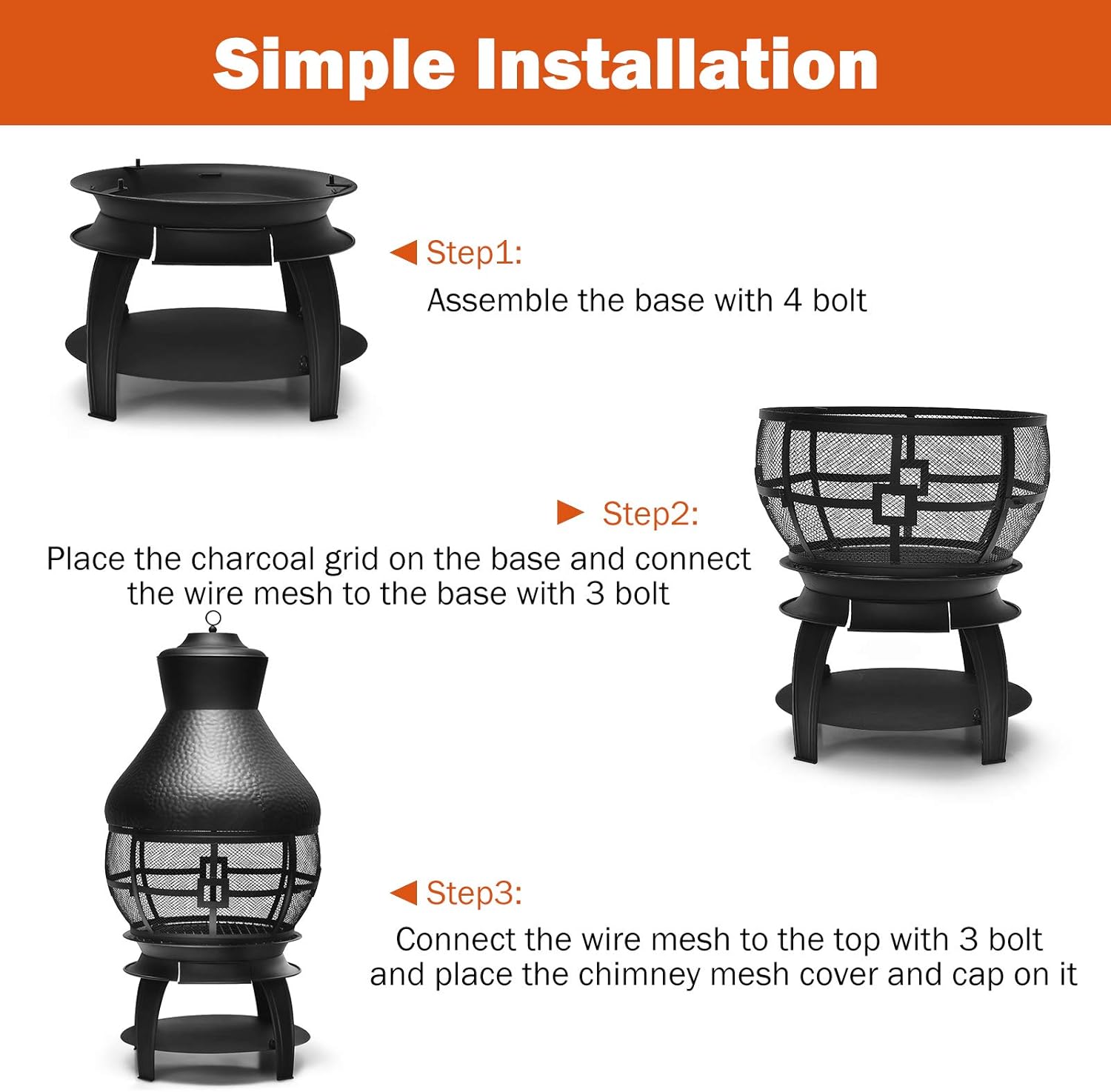 Giantex Wood Burning Chiminea, Heavy Duty Fireplace Wooden Chiminea Fire Pit with 2-Piece Log Grate, Premium Rain Cap & Fire Poker, 360°Fire Retardant Mesh Cover, Ideal for Garden, Patio, Backyard : Patio, Lawn & Garden