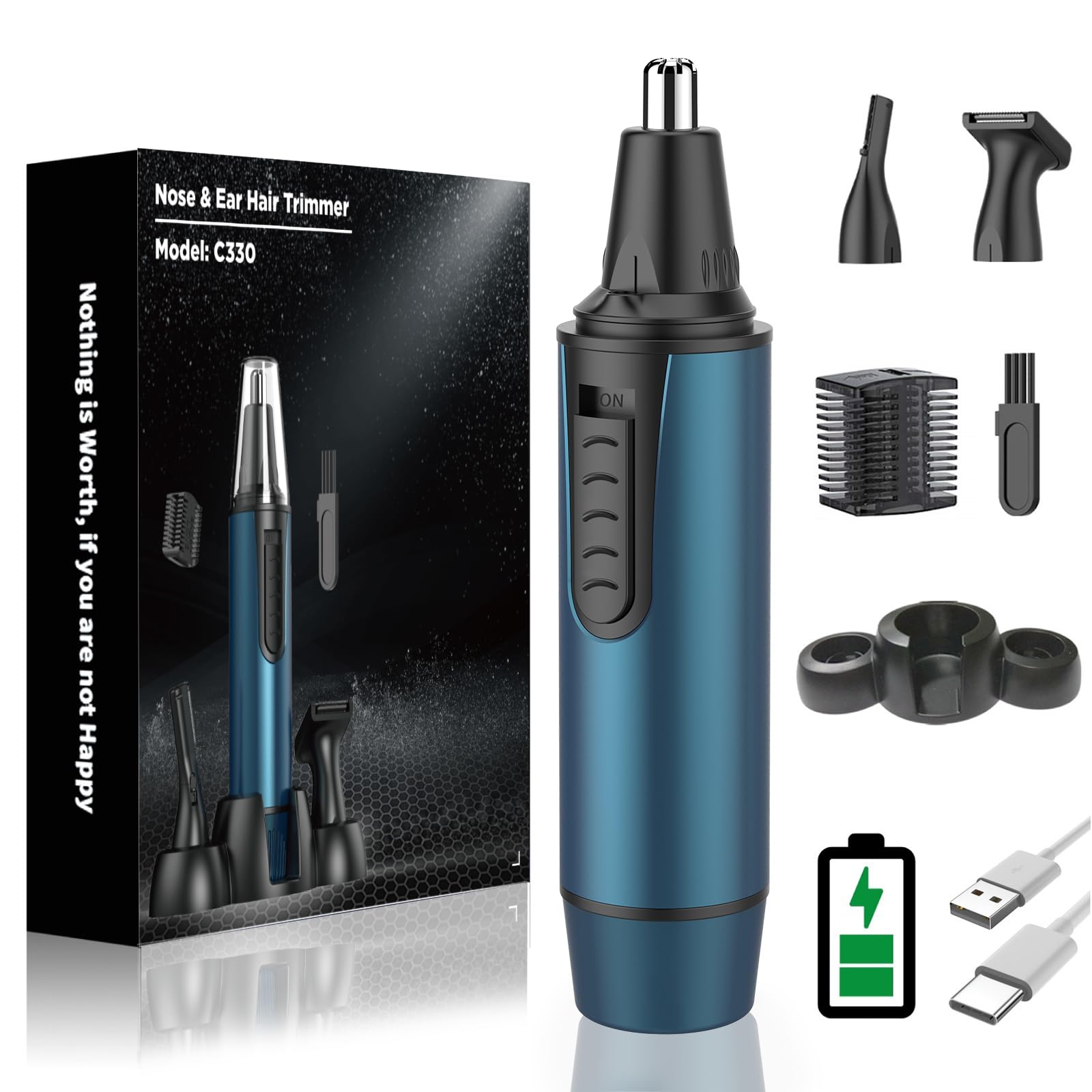 Nasenhaartrimmer Herren, 3 in 1 Nasenhaarentferner und Ohrhaarschneider, USB Wiederaufladbar Ohrhaarschneider mit PrecisionTrim-Technologie, Doppelschneideklingen, IPX7 Wasserdicht, Einfache Reinigung