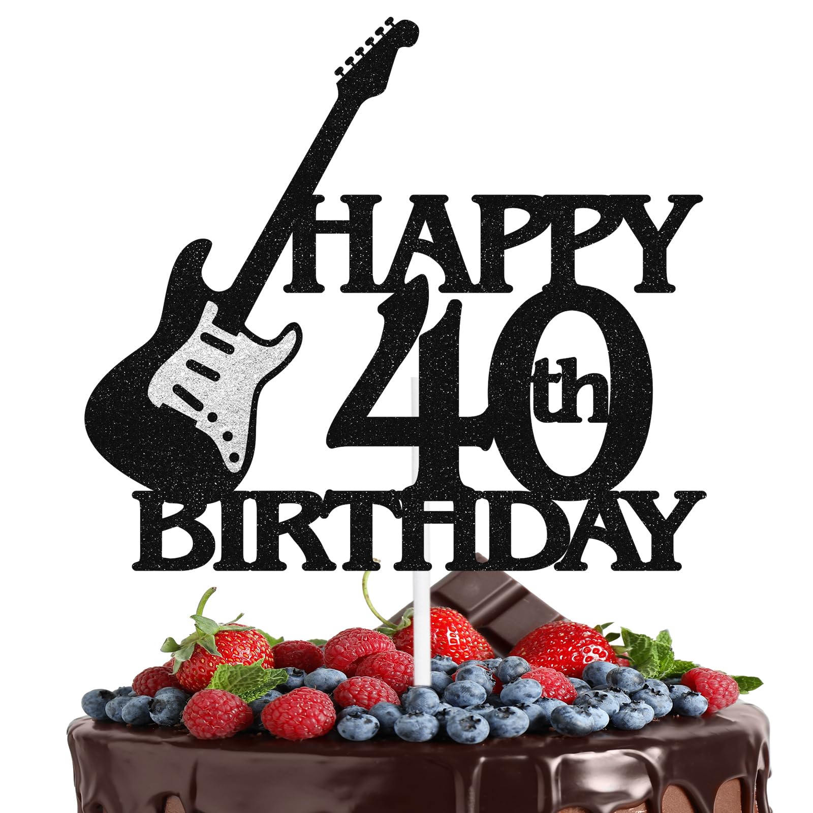 Black Glitter 40th Birthday Guitar Themed Cake Toppers - Perfect for a 40th Birthday Party, 40th Anniversary Party, or Music Themed Party Decoration - LIANGSS