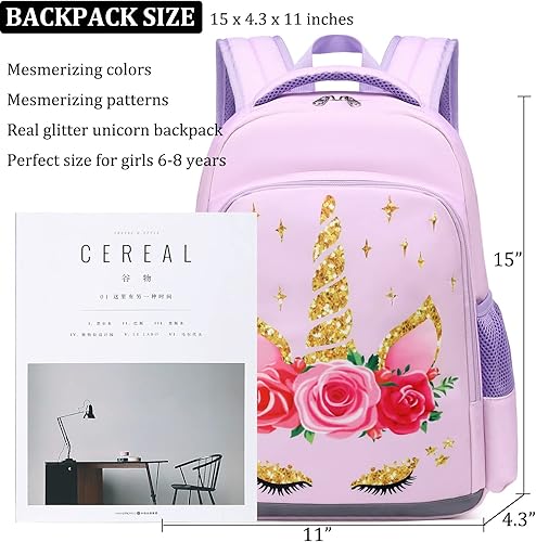 Miniatura 6 de JIANYA Mochila infantil para niñas escolares preescolares con lonchera y correa para el pecho, 15 pulgadas de alto