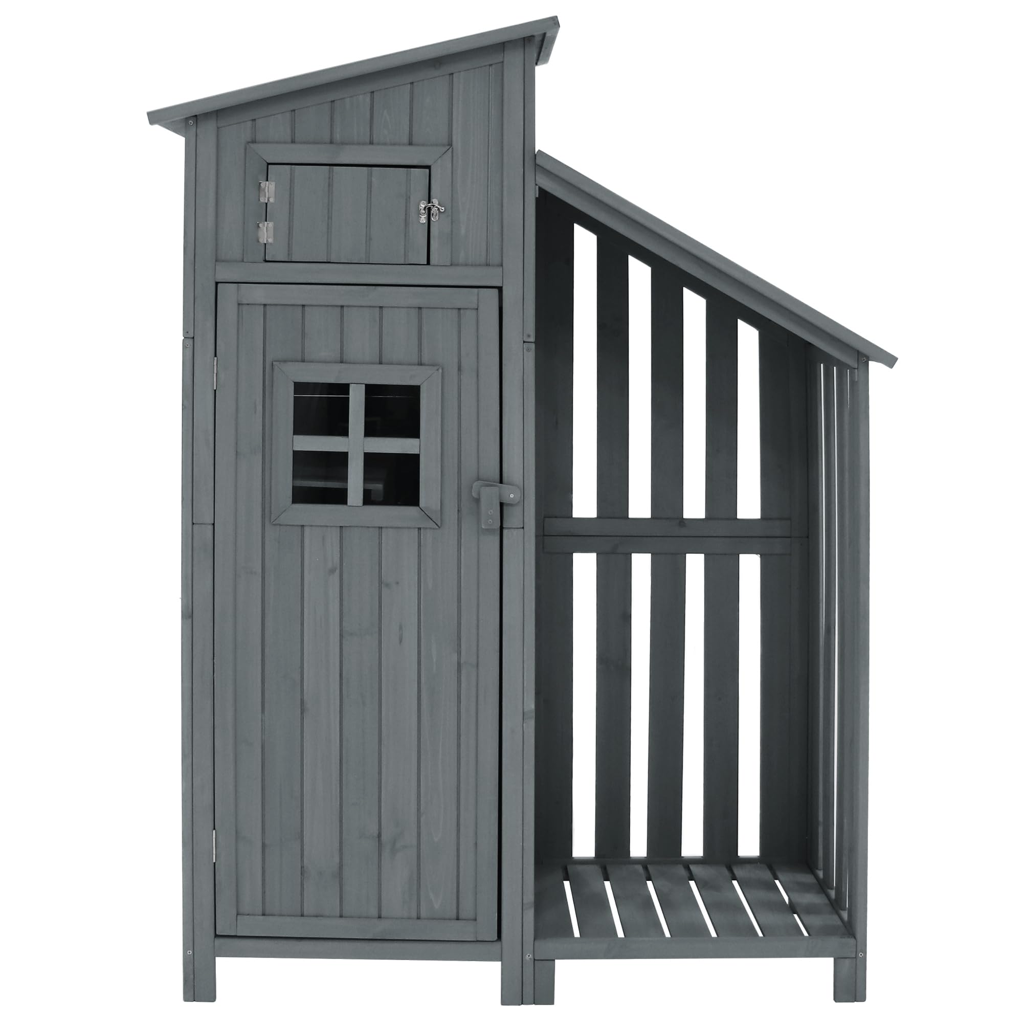Armario de jardín de madera con 2 estantes, resistente a la intemperie para bicicletas y equipos (pequeño refugio de madera) para pequeños jardines y patios, color gris