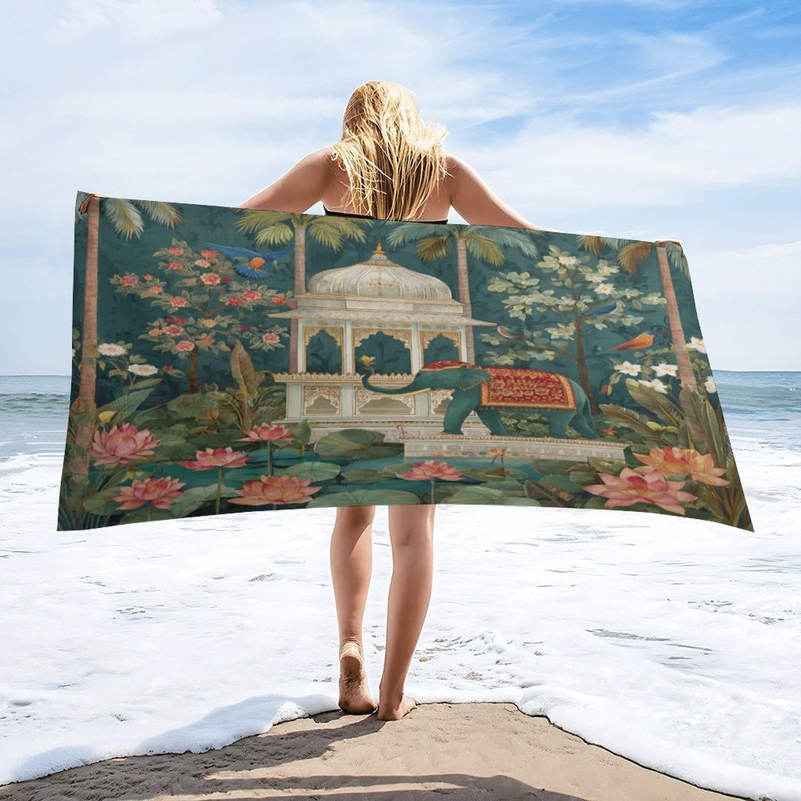 Luyysky Beautiful Classic Indian Elephant Quick-Drying Beach Towel, Retro Oil Painting Animal Elephant Bird Lotus Floral Palm Tree Travel Vacation Single Sided Pile Bathroom Towels-80"W Cm X 160"L Cm