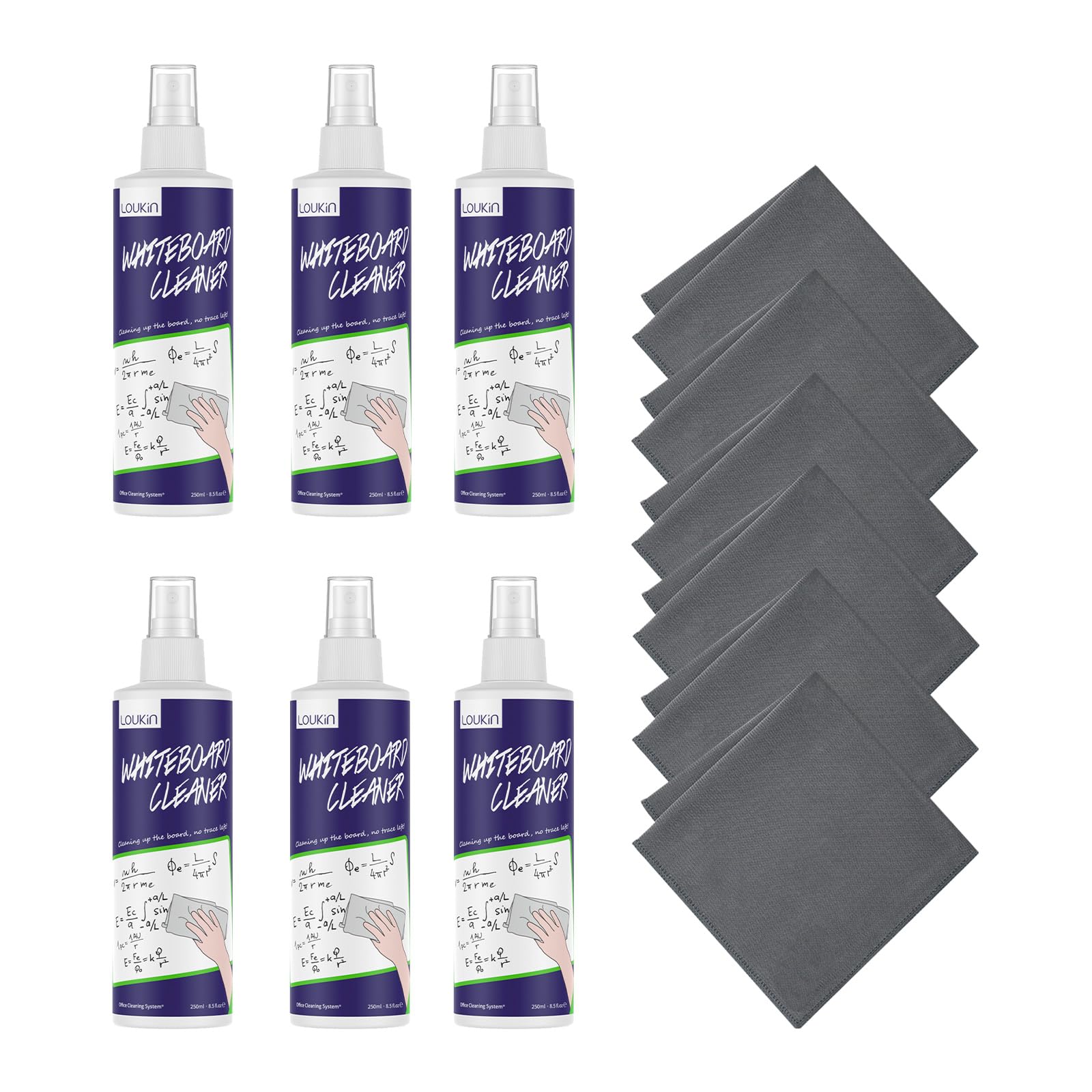LOUKIN Ungiftiger Whiteboard-Reiniger Dry Erase Cleaner mit Tuch 6 x 250 ml | AP-zertifiziert, REACH-konform, Sanfte Formel, Geruchsarm, Effektive Reinigung, Ideal für Klassenzimmer & Büro