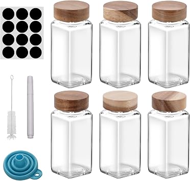 6Pcs 4oz Glass Spice Jars with Shaker Lids, Spice Jars Trial Set & Supplement Set, Empty Spice Containers and Square Spice Bottles for Kitchen Wooden Lids