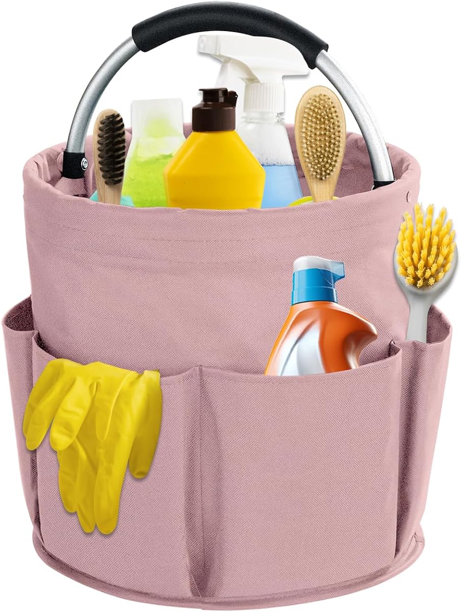 Carrito de limpieza de 17 litros con asa, organizador de suministros de limpieza, cesta de almacenamiento plegable, carrito de suministros de limpieza, bolsa de cubo de limpieza múltiple portátil para el hogar, jardín (rosa)
