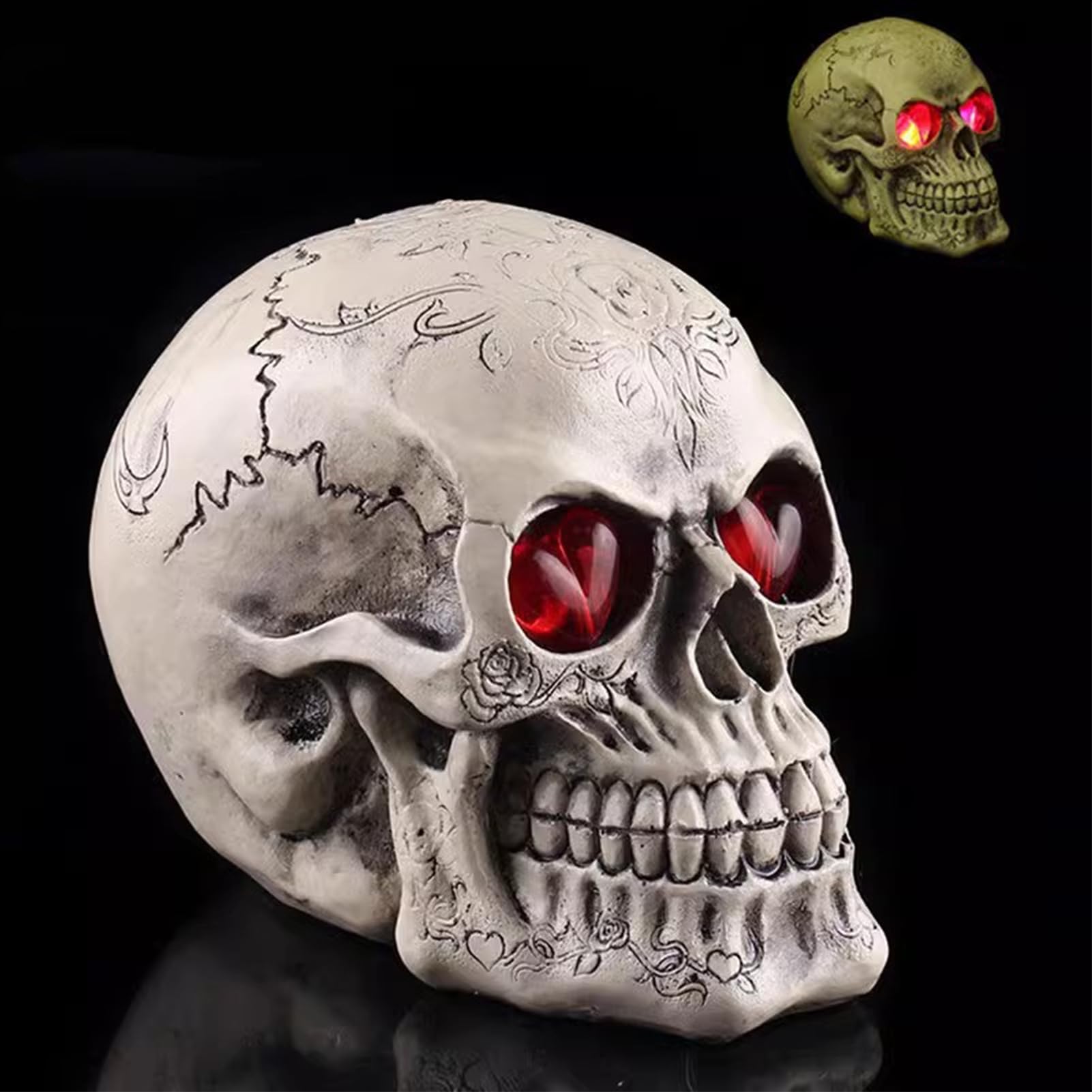 Luce LED a testa di teschio luminoso, decorazione teschio di Halloween, modello a testa di teschio in resina, con occhi luminosi a LED, per casa, bar, feste, decorazioni, gotico, Halloween