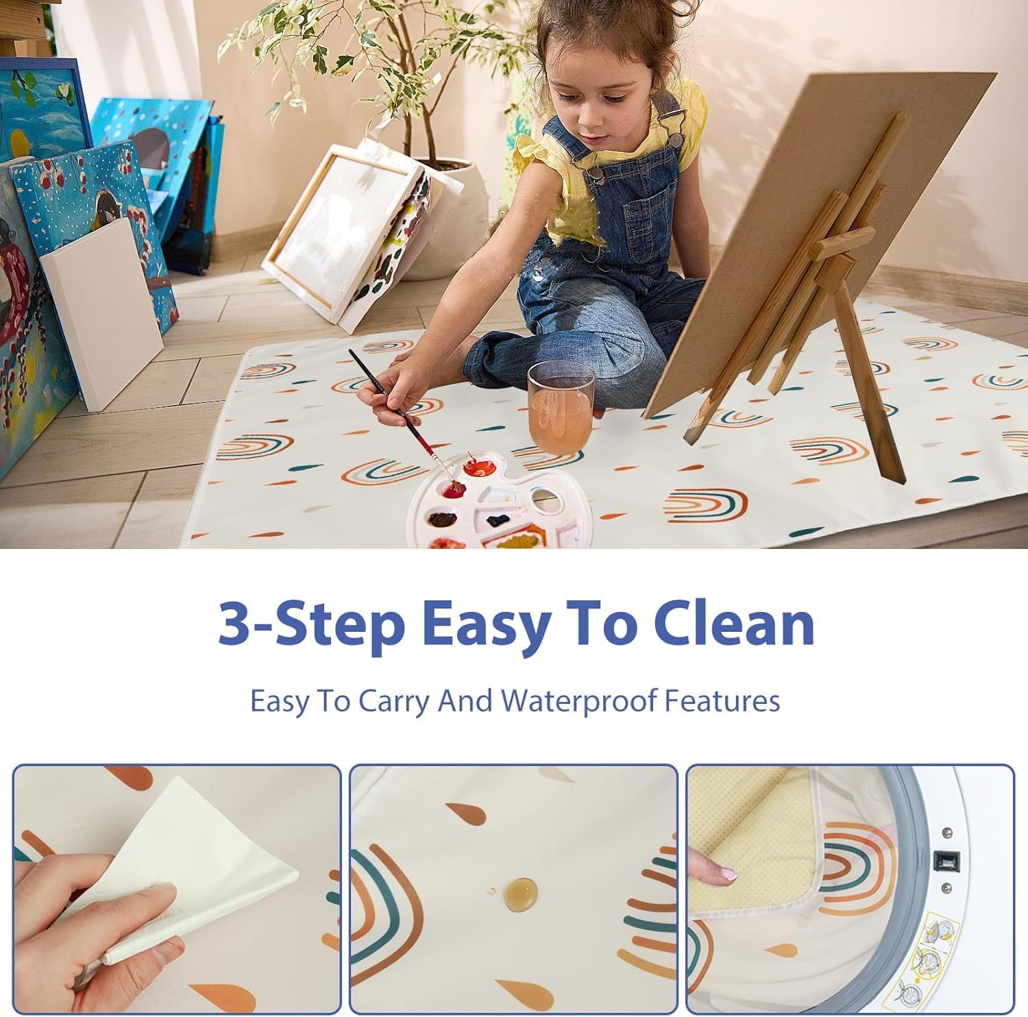 Tapis pour Chaise Haute Bébé 110 X 110 cm - Protection Sol Enfant Antidérapant Imperméable - Manger Jouer Extérieur Intérieur (Arc-en-Ciel)